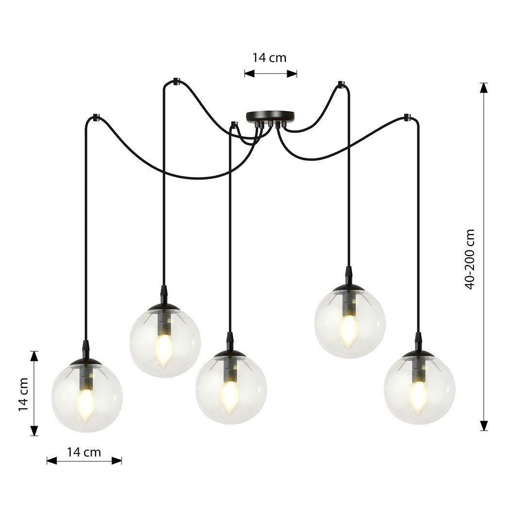 Lampa wisząca GIGI 5 BL TRANSPARENT pająk, klosze, czarna - LAITICA