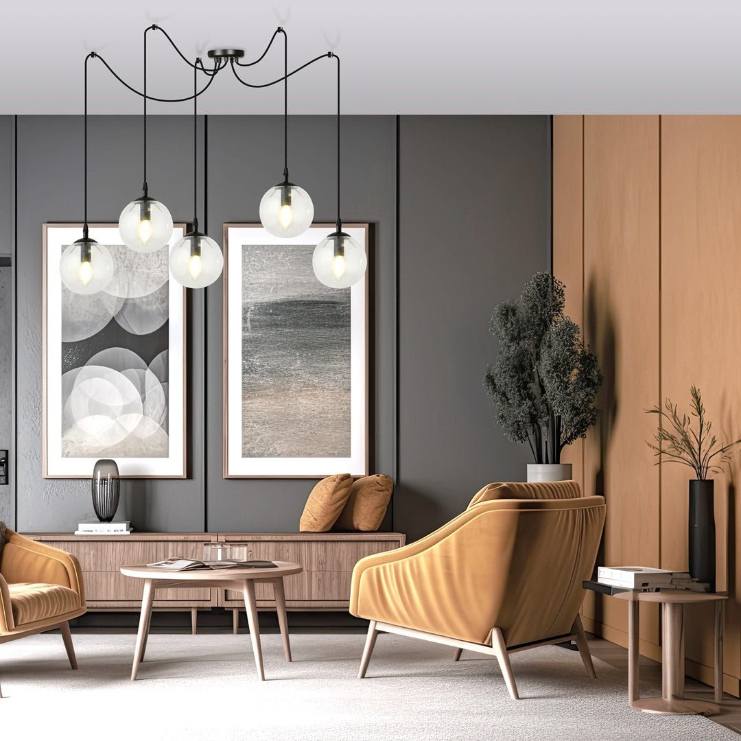Lampa wisząca GIGI 5 BL TRANSPARENT pająk, klosze, czarna - LAITICA