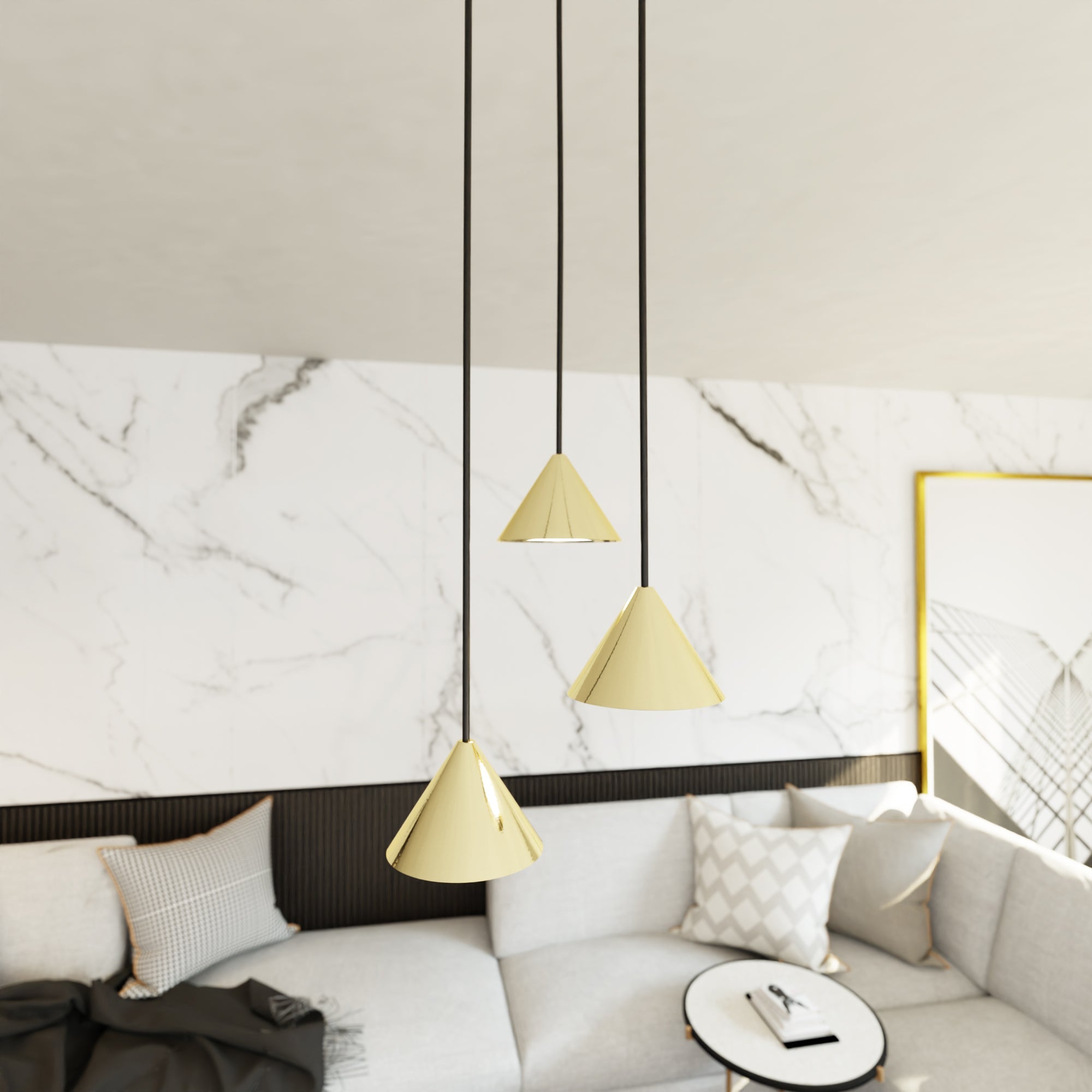 Lampa WISZĄCA INEZ 3 - punkty GX53 ZŁOTE KLOSZE stożek Nowoczesna do salonu - LAITICA