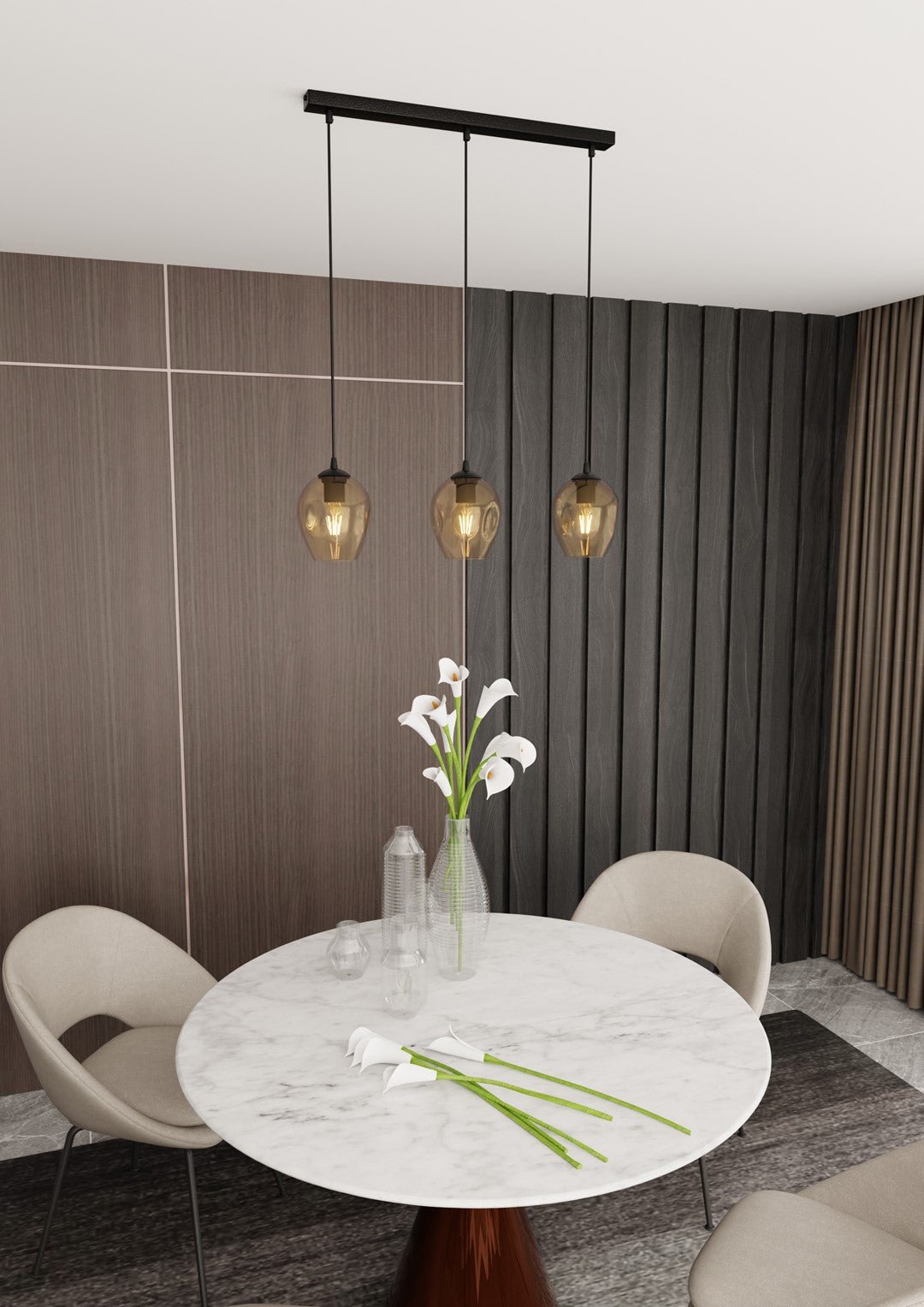 Lampa wisząca ISTAR 3 BL MIODOWY loft klosz bursztyn, czarna - LAITICA