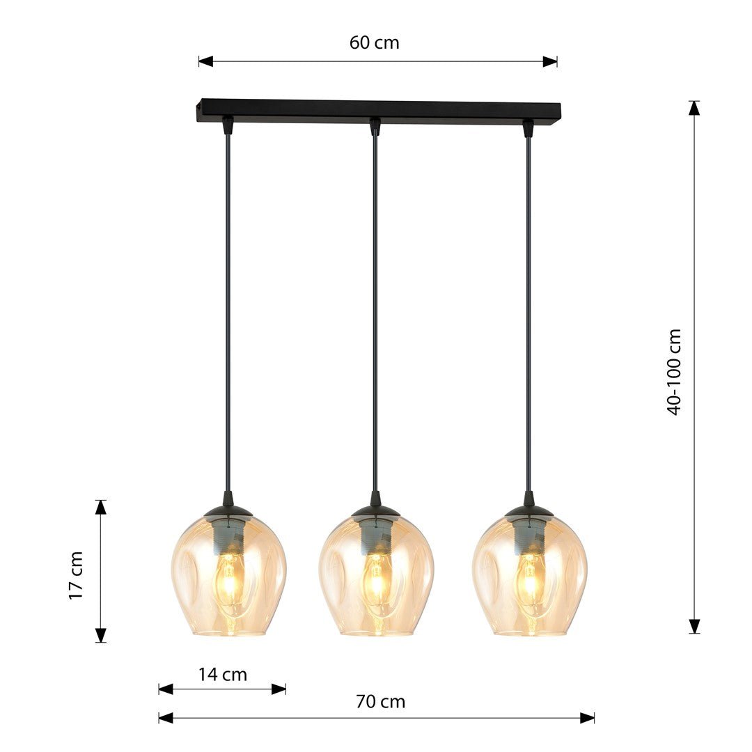 Lampa wisząca ISTAR 3 BL MIODOWY loft klosz bursztyn, czarna - LAITICA