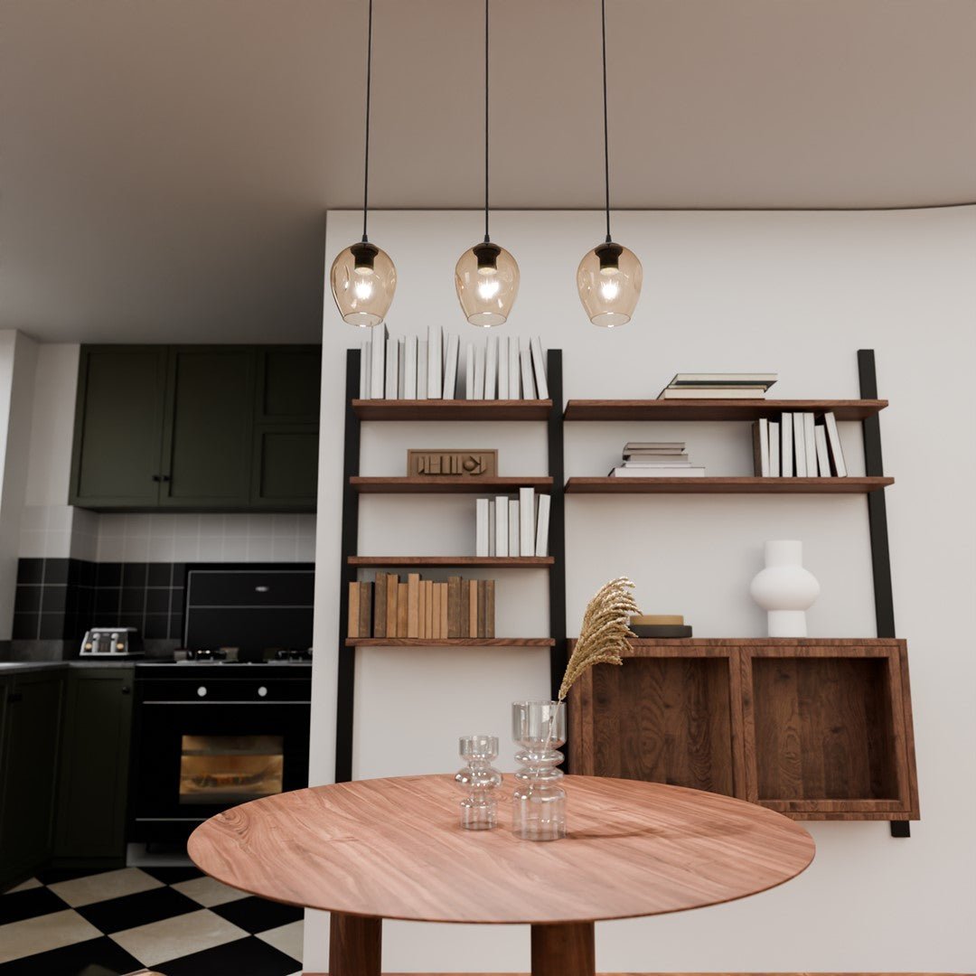 Lampa wisząca ISTAR 3 BL MIODOWY loft klosz bursztyn, czarna - LAITICA