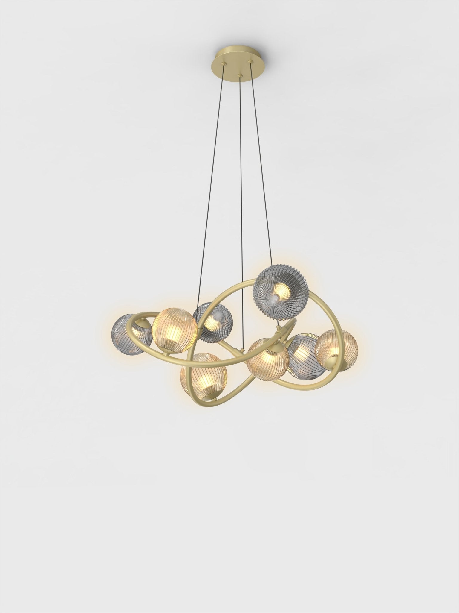 Lampa wisząca MALTA ZŁOTA 8 kloszy BARWA CIEPŁA bursztynowe dymione klosze - LAITICA