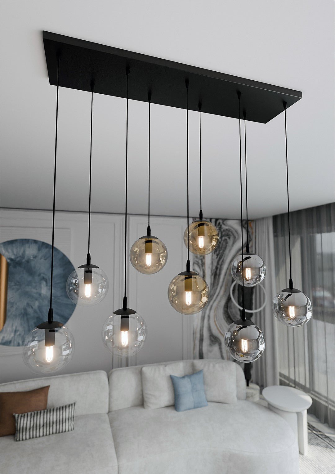 Lampa wisząca VEGAS zwis 9xE14 szklany klosz 3 KOLORY regulowana - LAITICA