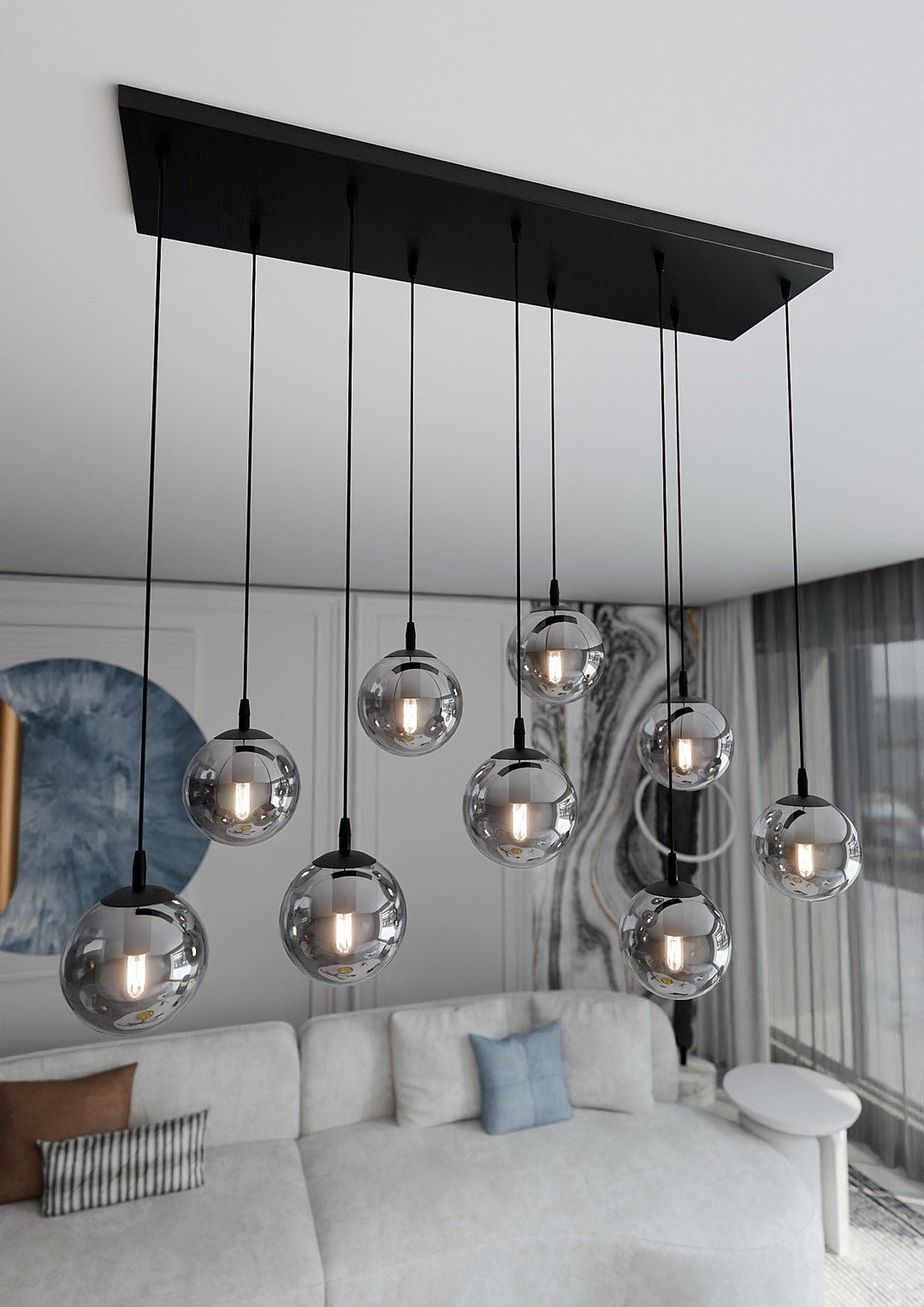 Lampa wisząca VEGAS zwis 9xE14 szklany klosz GRAFITOWY regulowana - LAITICA
