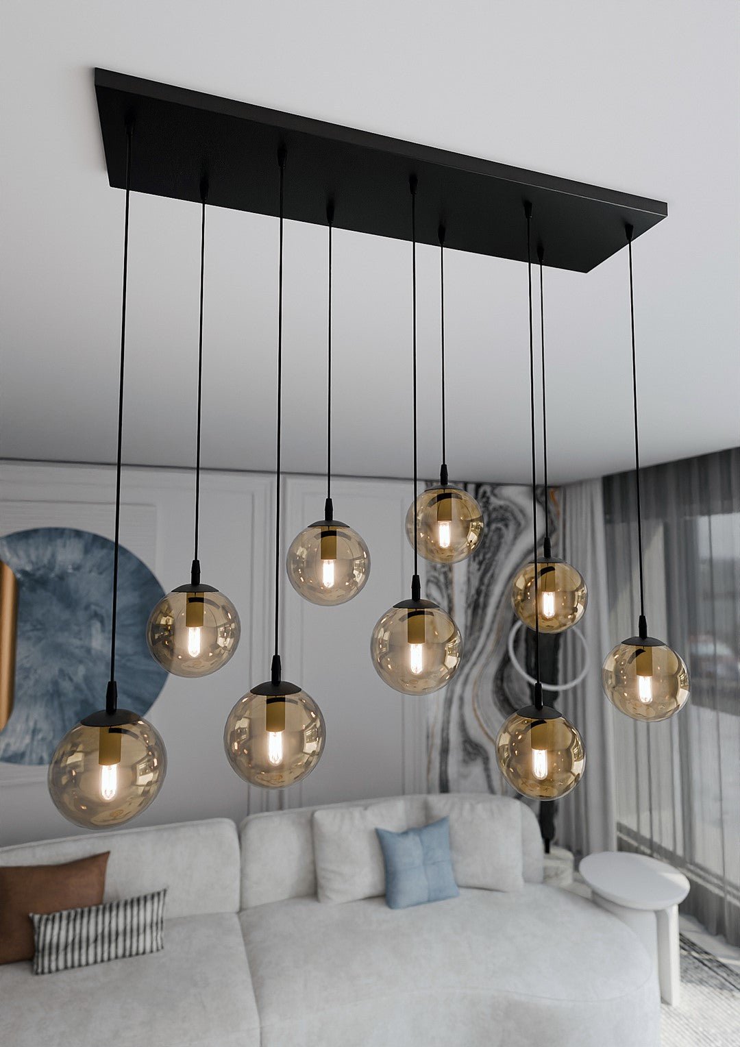 Lampa wisząca VEGAS zwis 9xE14 szklany klosz MIODOWY regulowana - LAITICA