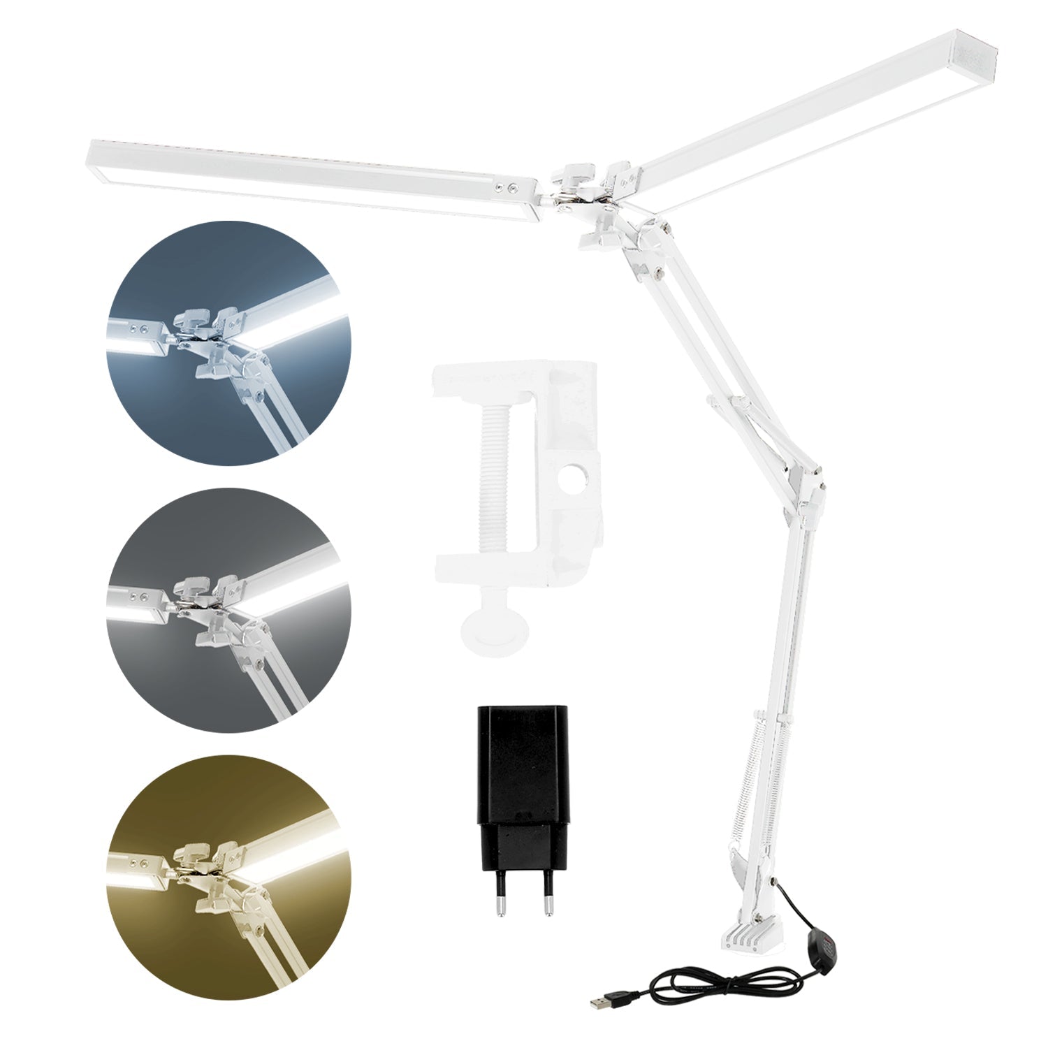 Lampka biurkowa LED 28W podwójne ramię montaż do blatu ściemniacz regulacja 3 barwy światła CCT - LAITICA