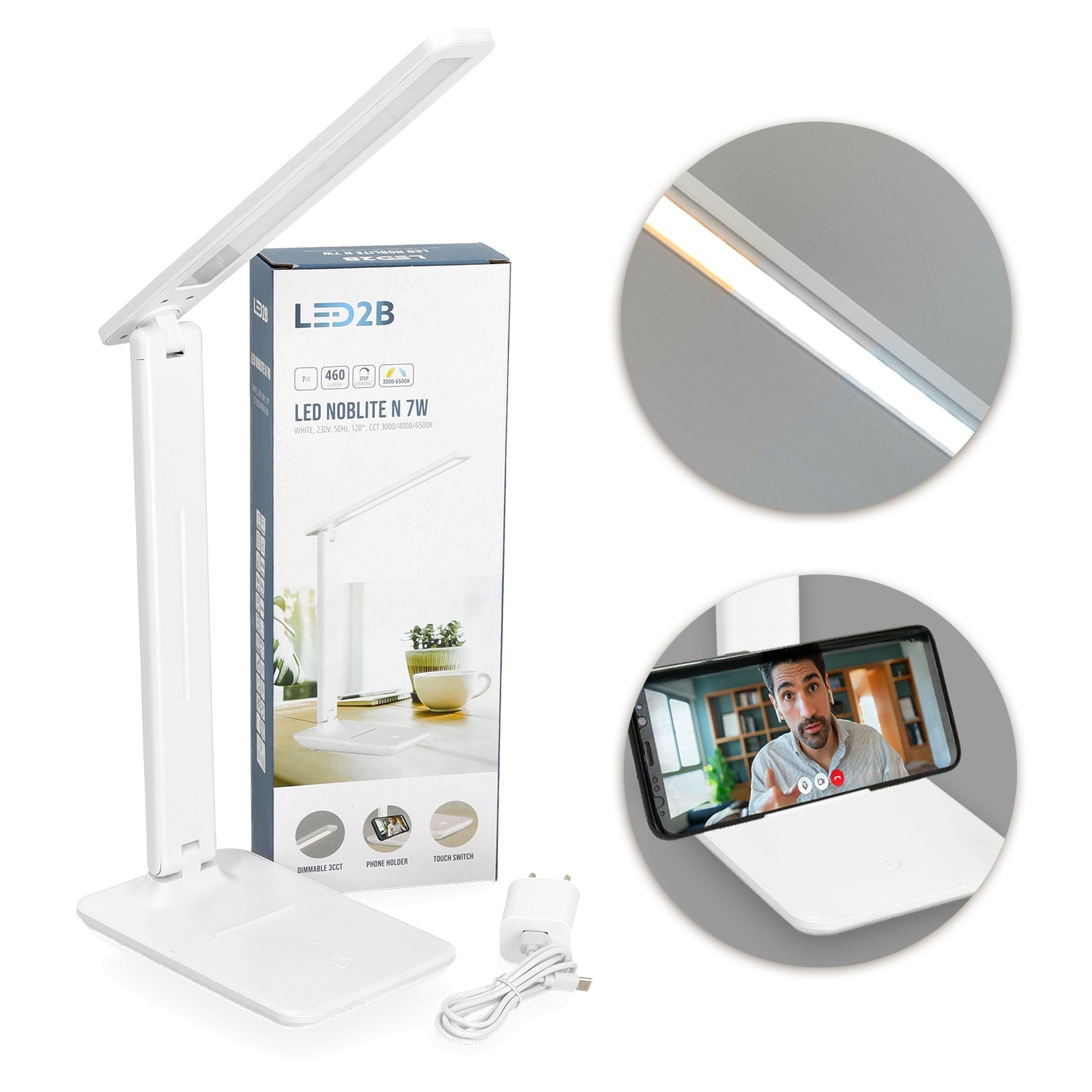 Lampka biurkowa LED 7W biała 3 barwy światła 3CCT ściemniacz regulowana z uchwytem na telefon - LAITICA