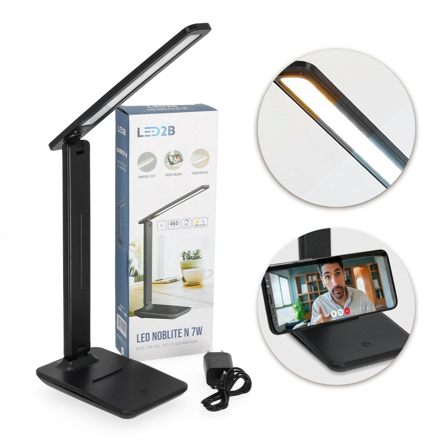 Lampka biurkowa LED 7W czarna 3 barwy światła 3CCT ściemniacz regulowana z uchwytem na telefon - LAITICA