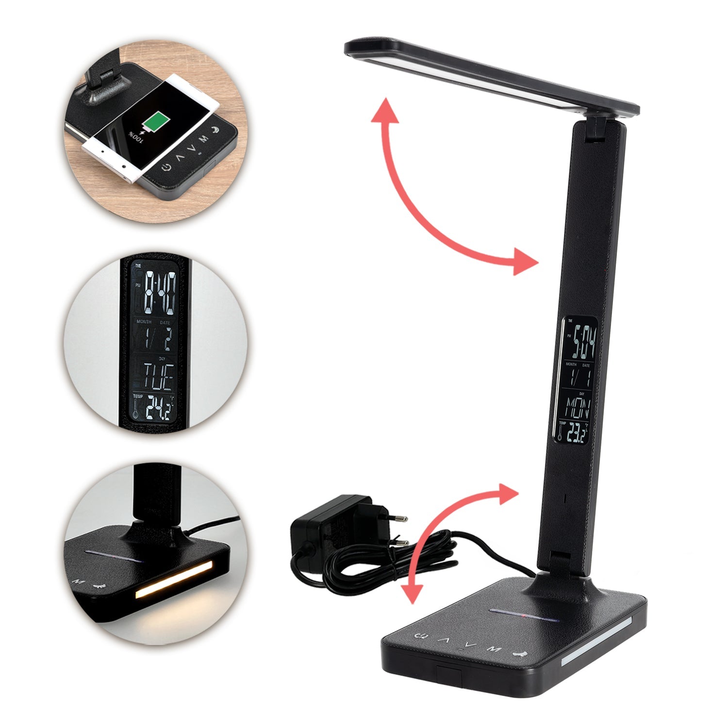 Lampka Biurkowa LED 7W CZARNA Wyświetlacz Ładowarka Indukcyjna Q1 Alarm USB - LAITICA