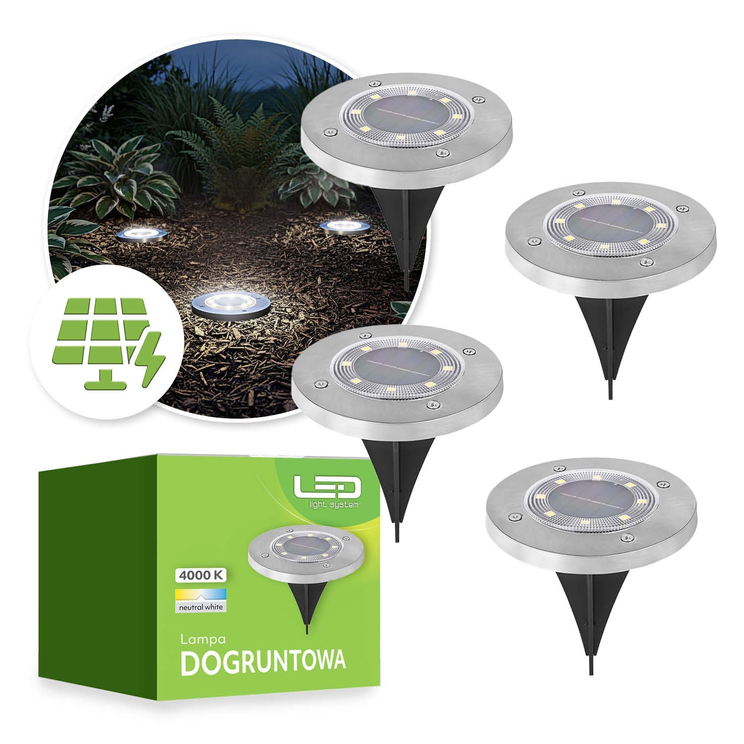 Lampki Solarne do ogrodu LED Dyski Gruntowe Wbijane 4000K IP44 - 4szt - LAITICA