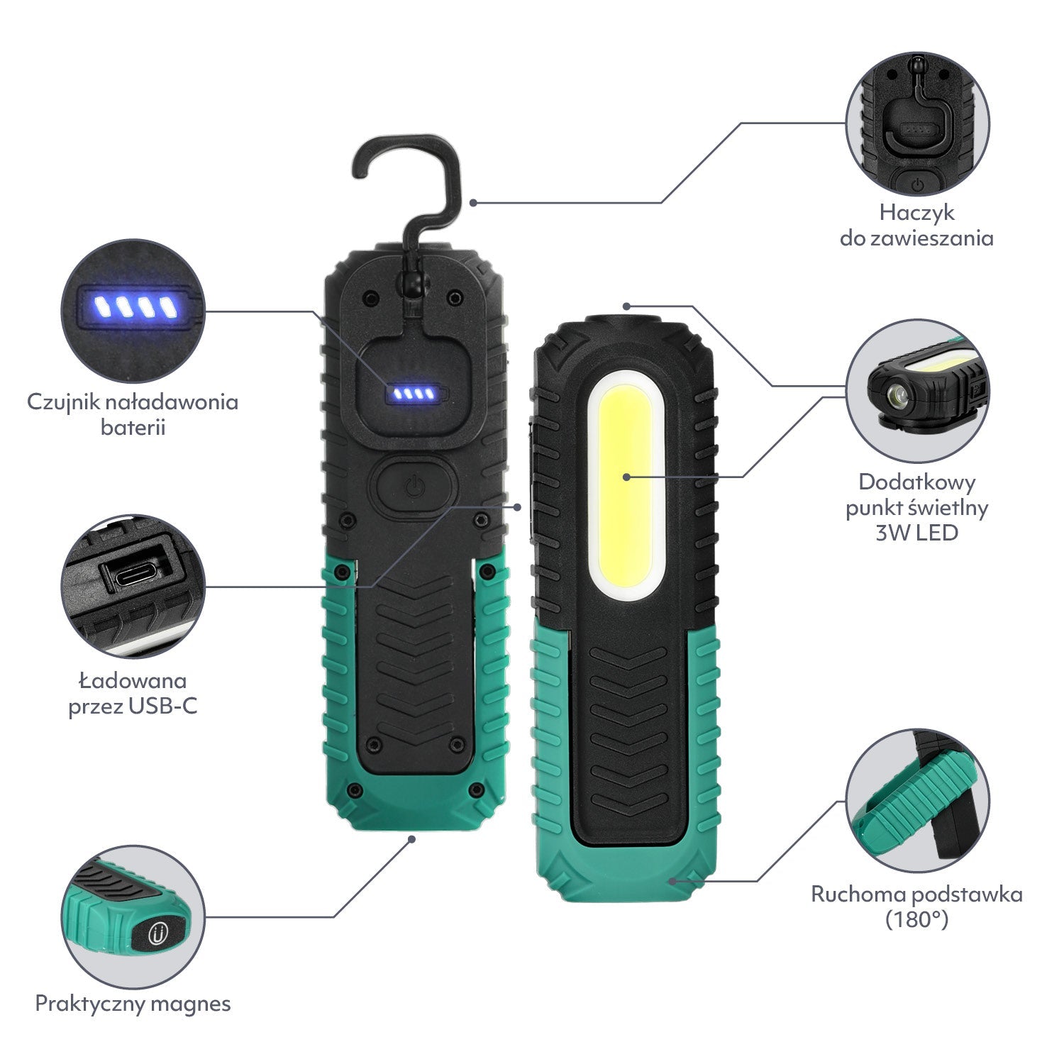 Latarka Ledowa 5W WIELOFUNKCYJNA lampka kieszonkowa BARWA ZIMNA USB - C - LAITICA