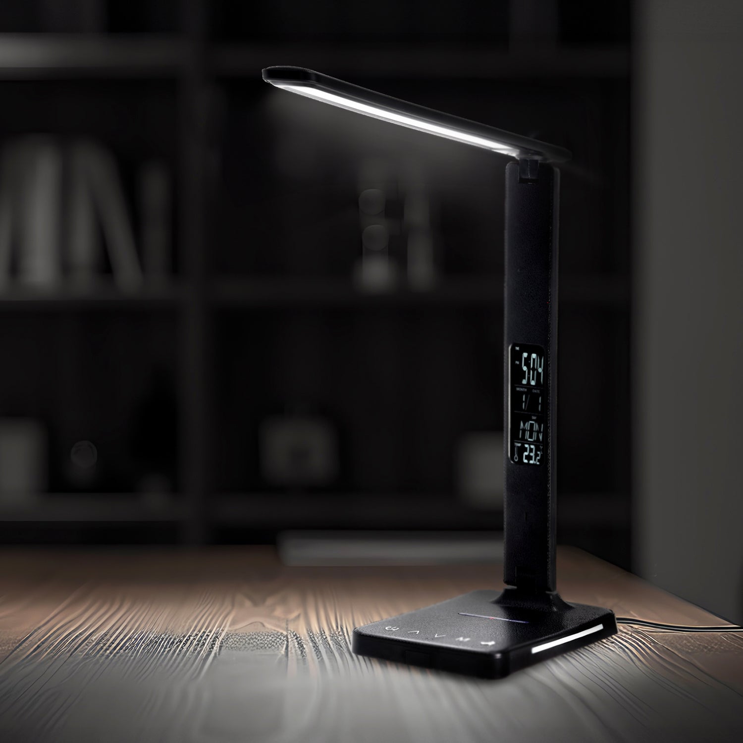 Lampka Biurkowa LED 7W CZARNA Wyświetlacz Ładowarka Indukcyjna Q1 Alarm USB