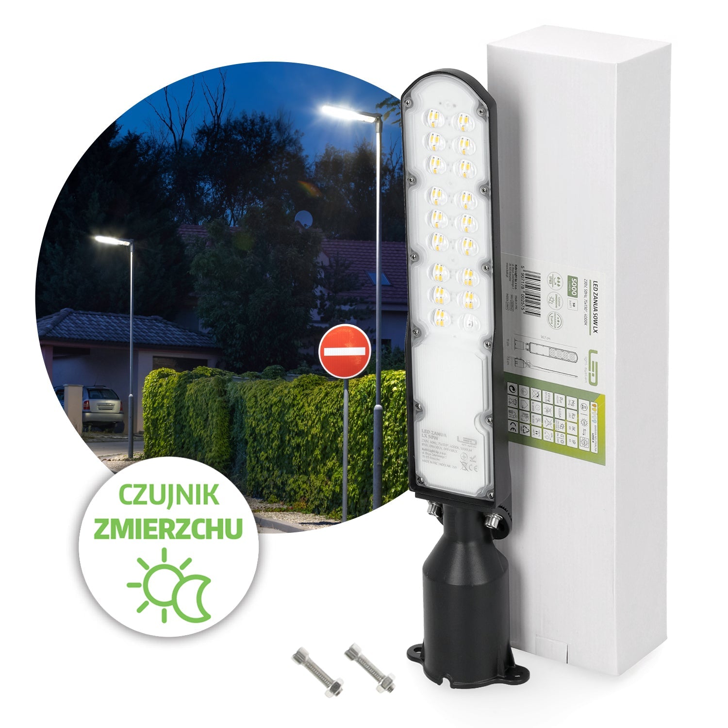 Oprawa LED 50W Lampa Uliczna z Czujnikiem Zmierzchu 4000K IP65 IK08 LLS - LAITICA