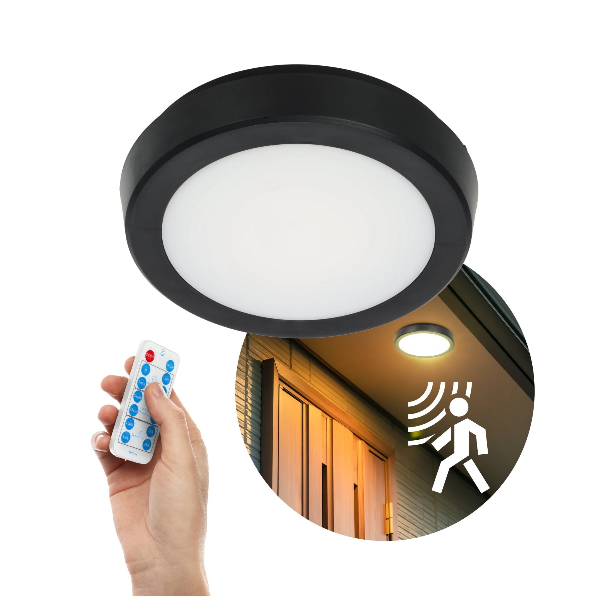 Oprawa Sufitowa 12W Plafon Czujnik Ruchu CCT Regulacja IP65 Czarny + pilot - LAITICA