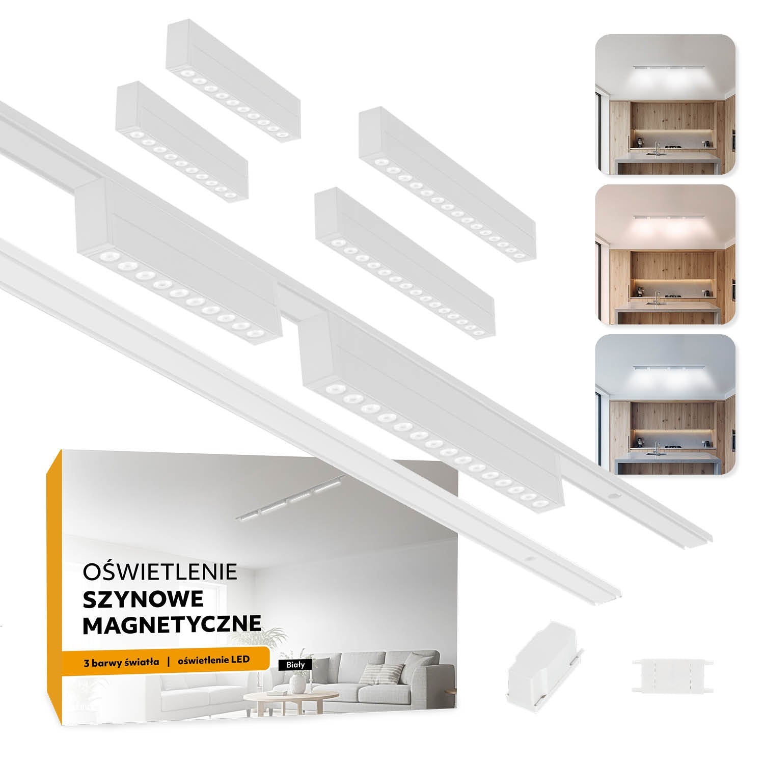 Oświetlenie szynowe magnetyczne 2x1m + 4 lampy LED 10W/15W 3CCT białe - LAITICA