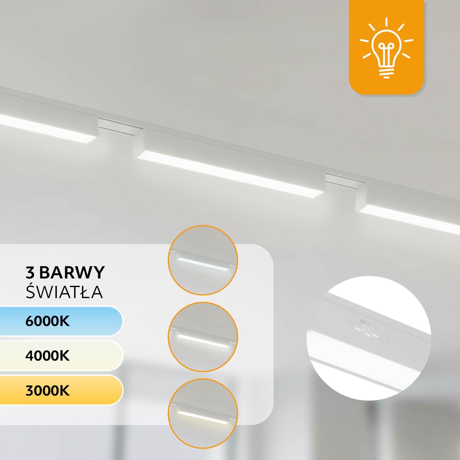 Oświetlenie szynowe magnetyczne LED 2m + 5x lampa R1 10W 3CCT - LAITICA