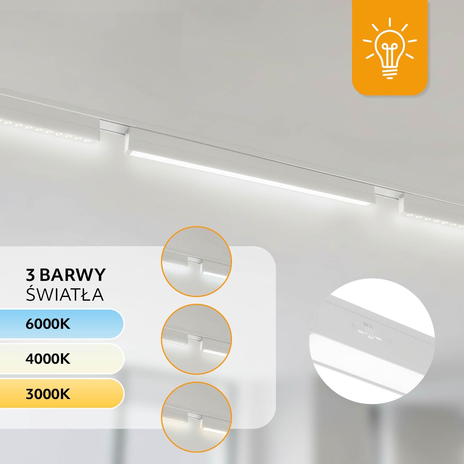 Oświetlenie szynowe magnetyczne LED 2m + lampy 10W i 20W 3CCT - LAITICA