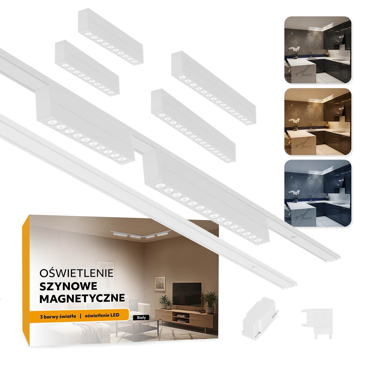 Oświetlenie szynowe magnetyczne LED 2x1m + 2x R2 10W + 2x R2 15W | Łącznik L | Białe - LAITICA