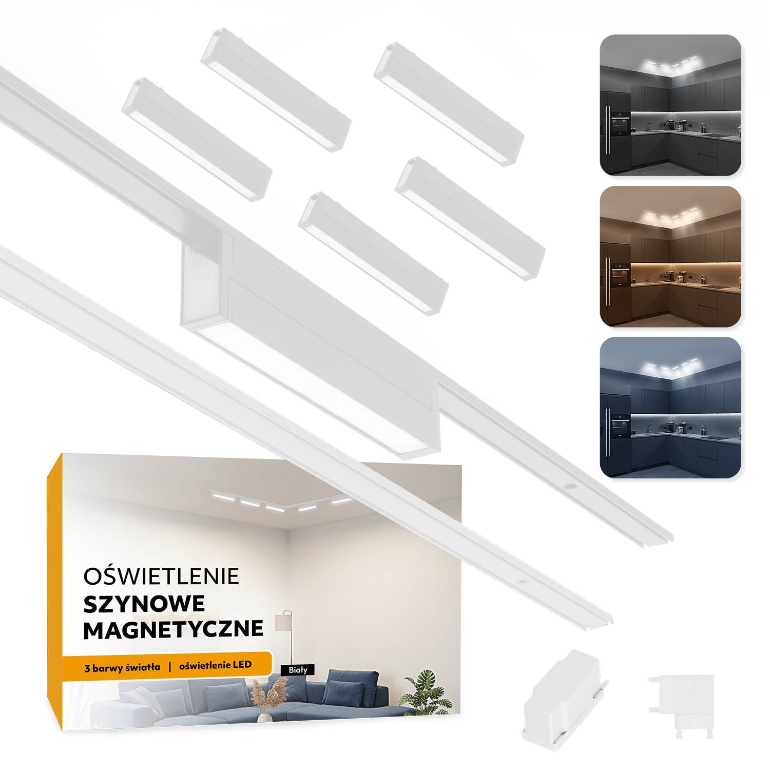 Oświetlenie szynowe magnetyczne LED 2x1m + 5x 10W liniowa 3CCT | Łącznik L | Białe - LAITICA