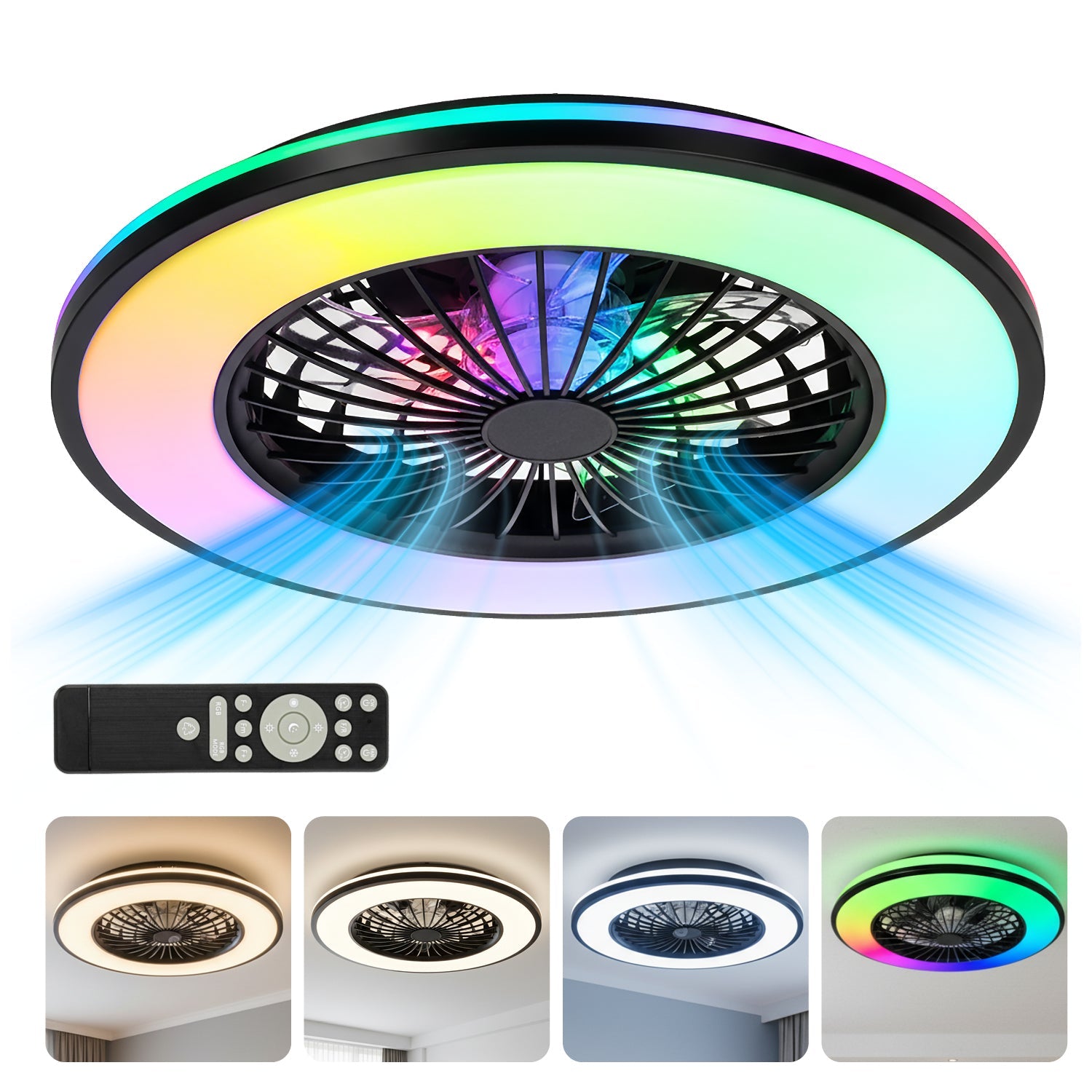Plafon LED z wentylatorem i pilotem 48W – 3CCT + RGB, wiatrak sufitowy, tryb lato/zima, czarny - LAITICA