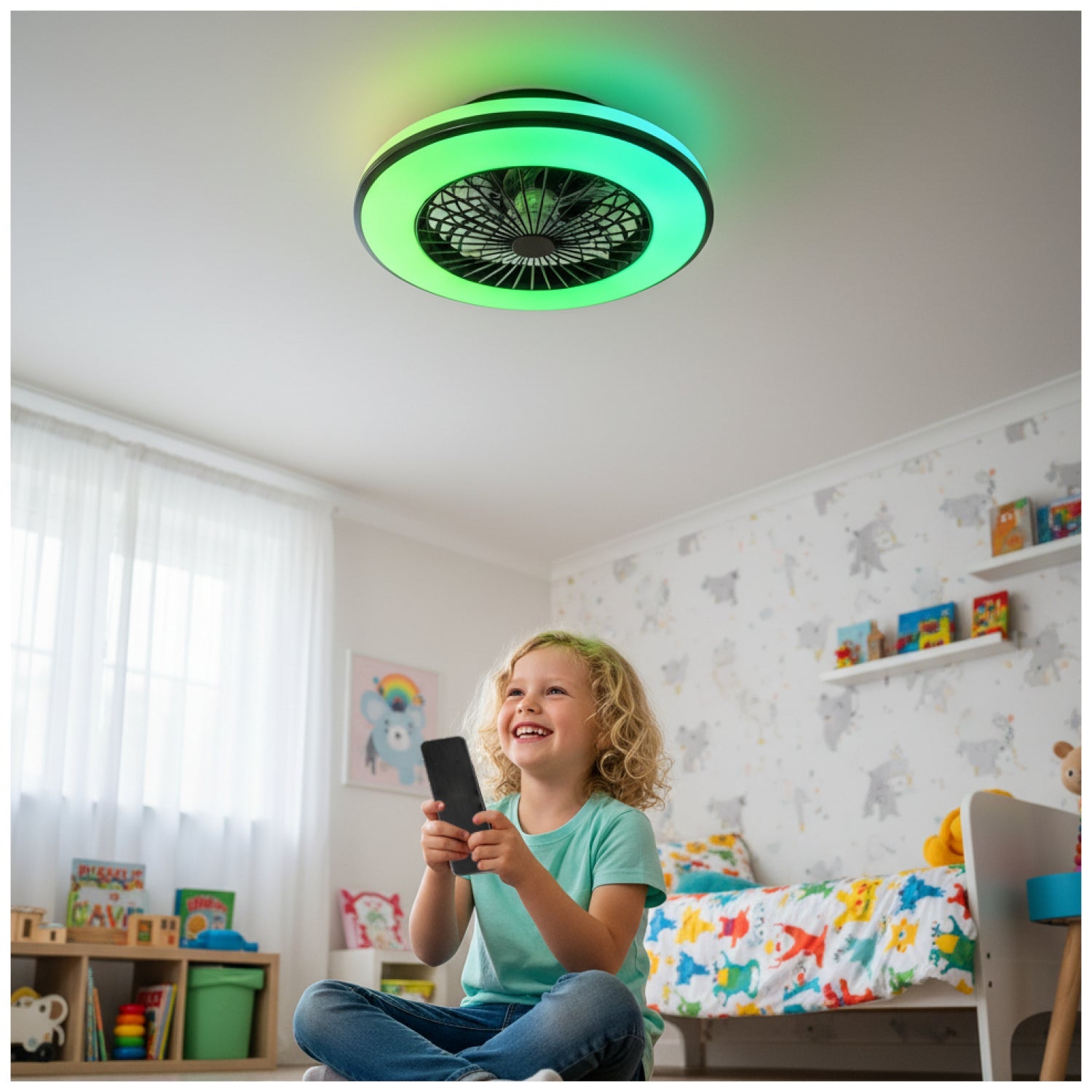 Plafon LED z wentylatorem i pilotem 48W – 3CCT + RGB, wiatrak sufitowy, tryb lato/zima, czarny - LAITICA