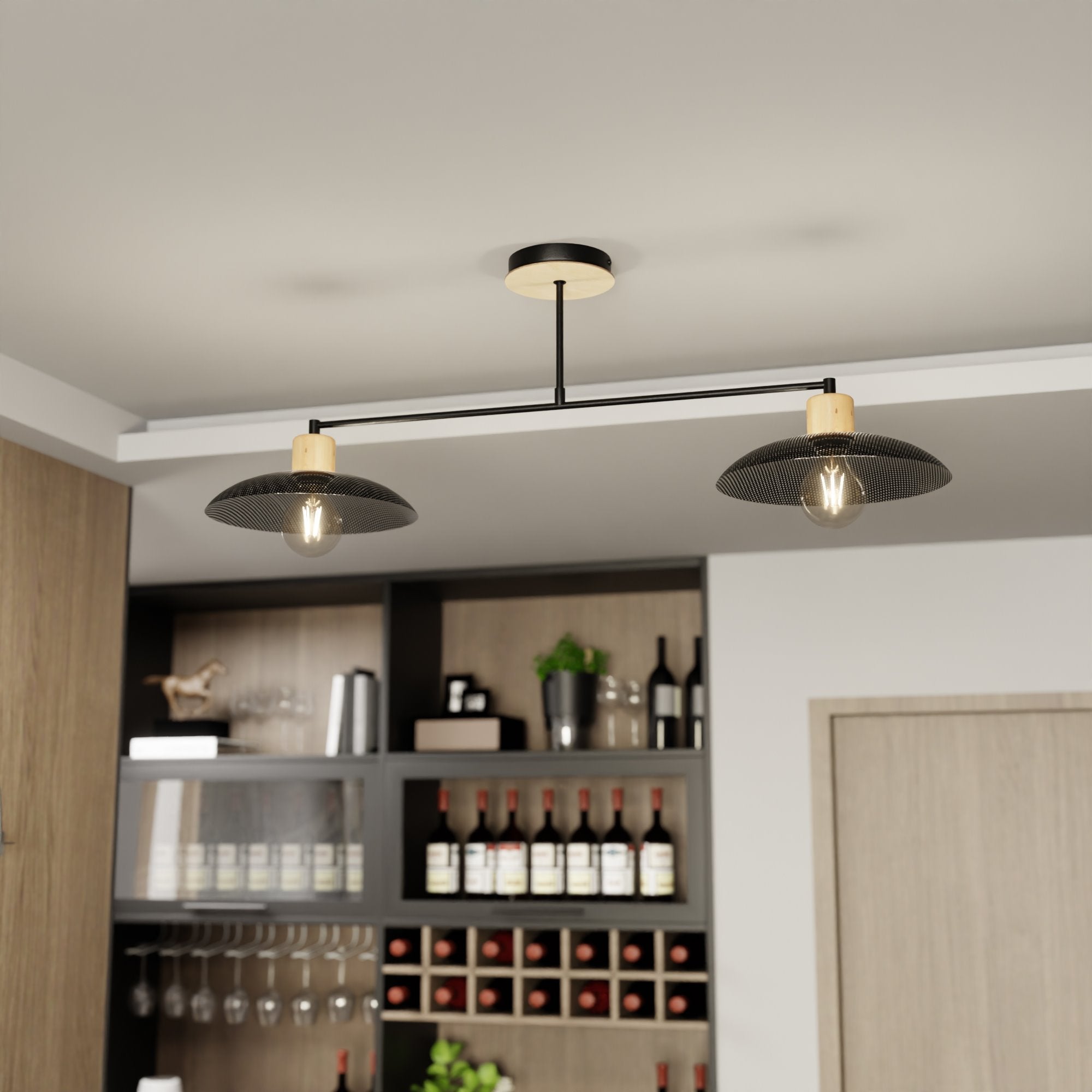 Podwójna lampa sufitowa NELI CZARNA metal i drewno 2xE27 wisząca - LAITICA