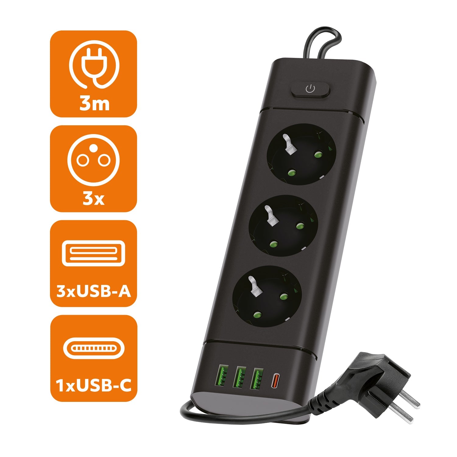 Przedłużacz 3 gniazda 3m 230V z USB i USB - C 3250W 16A z wyłącznikiem czarny - LAITICA