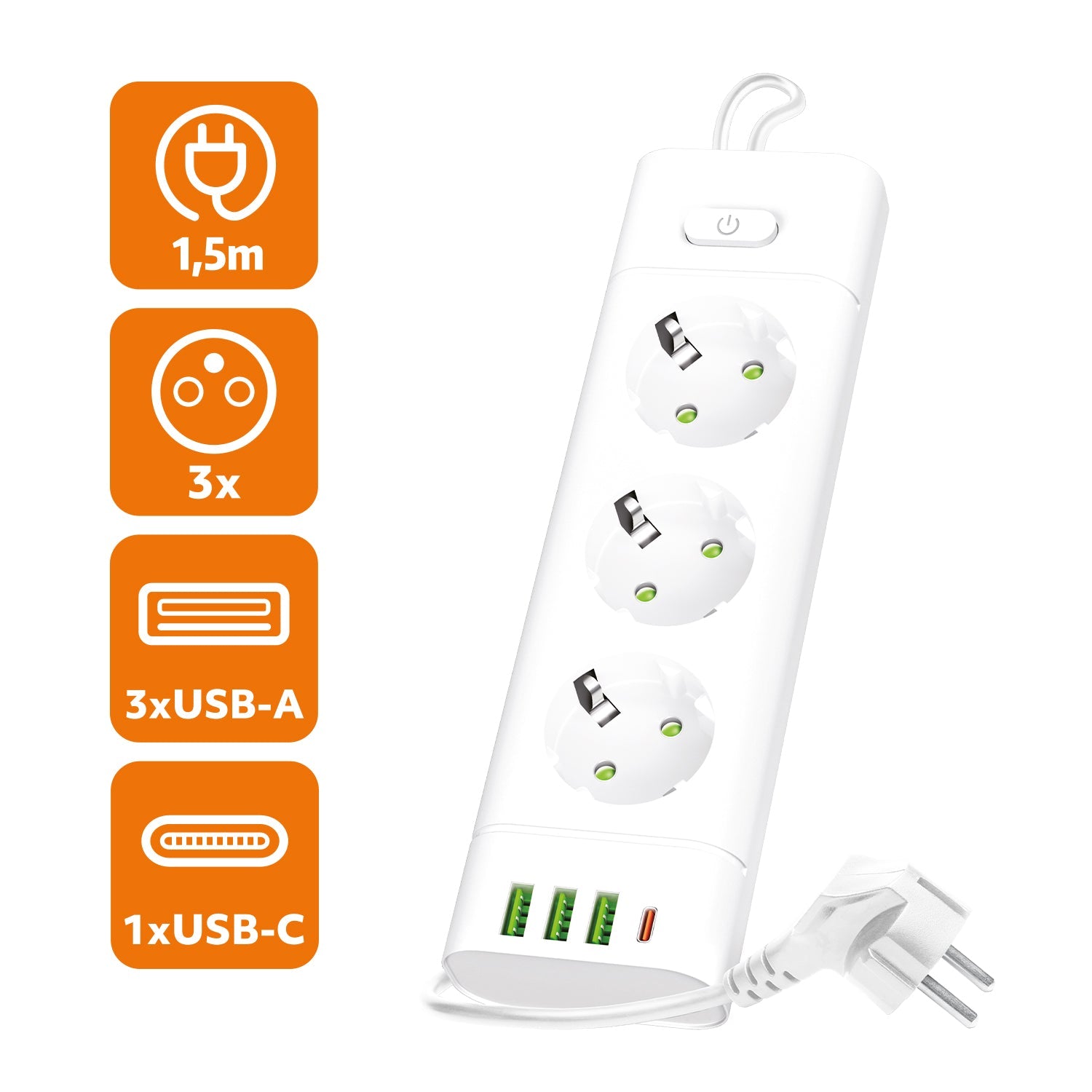 Przedłużacz 3x230V z USB i USB - C 3250W 16A z wyłącznikiem – biały - LAITICA