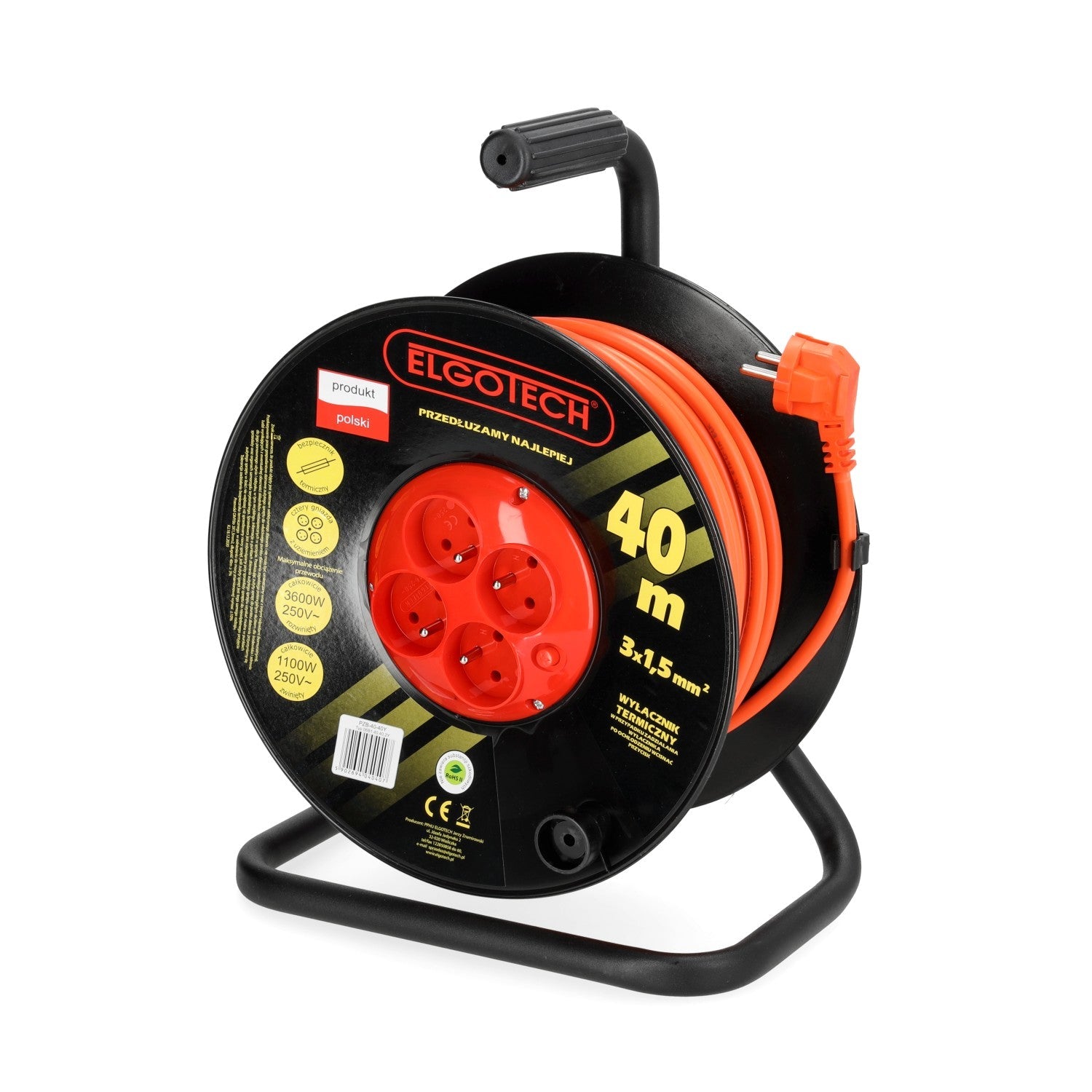 Przedłużacz bębnowy ogrodowy 40m 4 gniazda 3x1,5mm zwijany Z UCHWYTEM - LAITICA