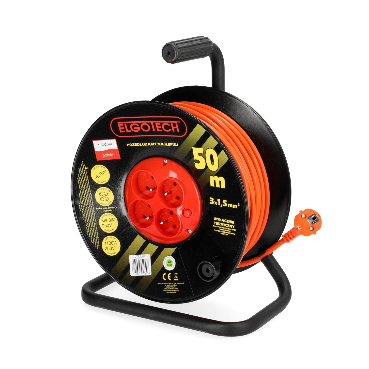 Przedłużacz bębnowy ogrodowy 50m 4 gniazda 3x1,5mm zwijany Z UCHWYTEM - LAITICA