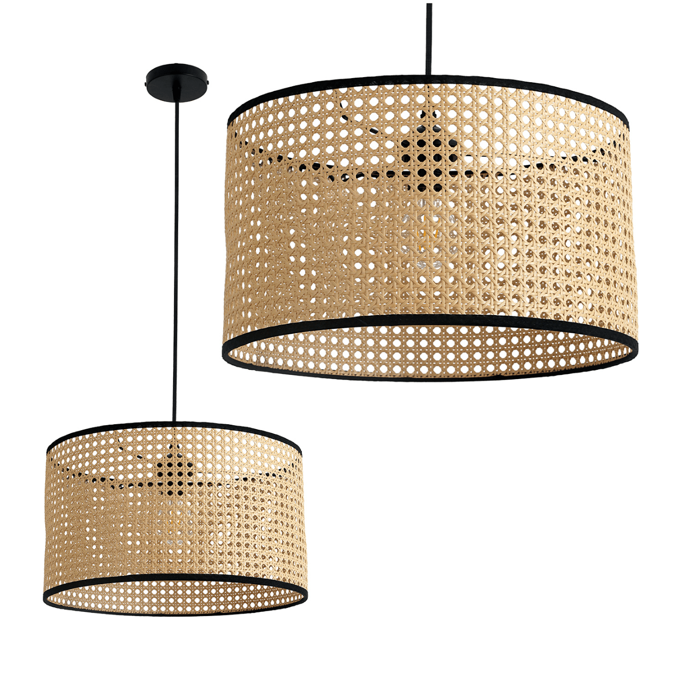 Rattanowa Lampa Wisząca RENNI B Naturalna Abażur STYL BOHO czarne dodatki - LAITICA