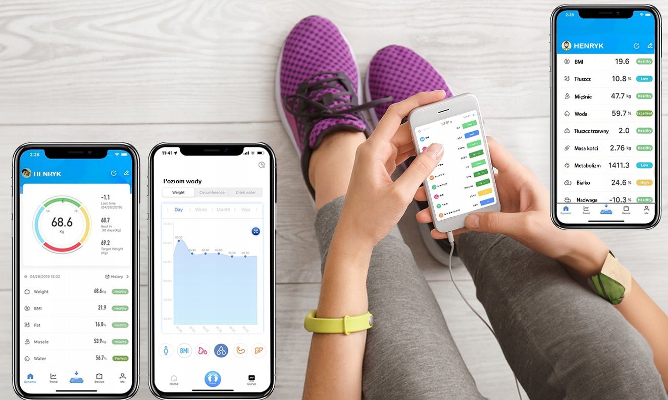 WAGA ŁAZIENKOWA Analityczna Elektroniczna BLUETOOTH APLIKACJA 180kg 32w1 - LAITICA