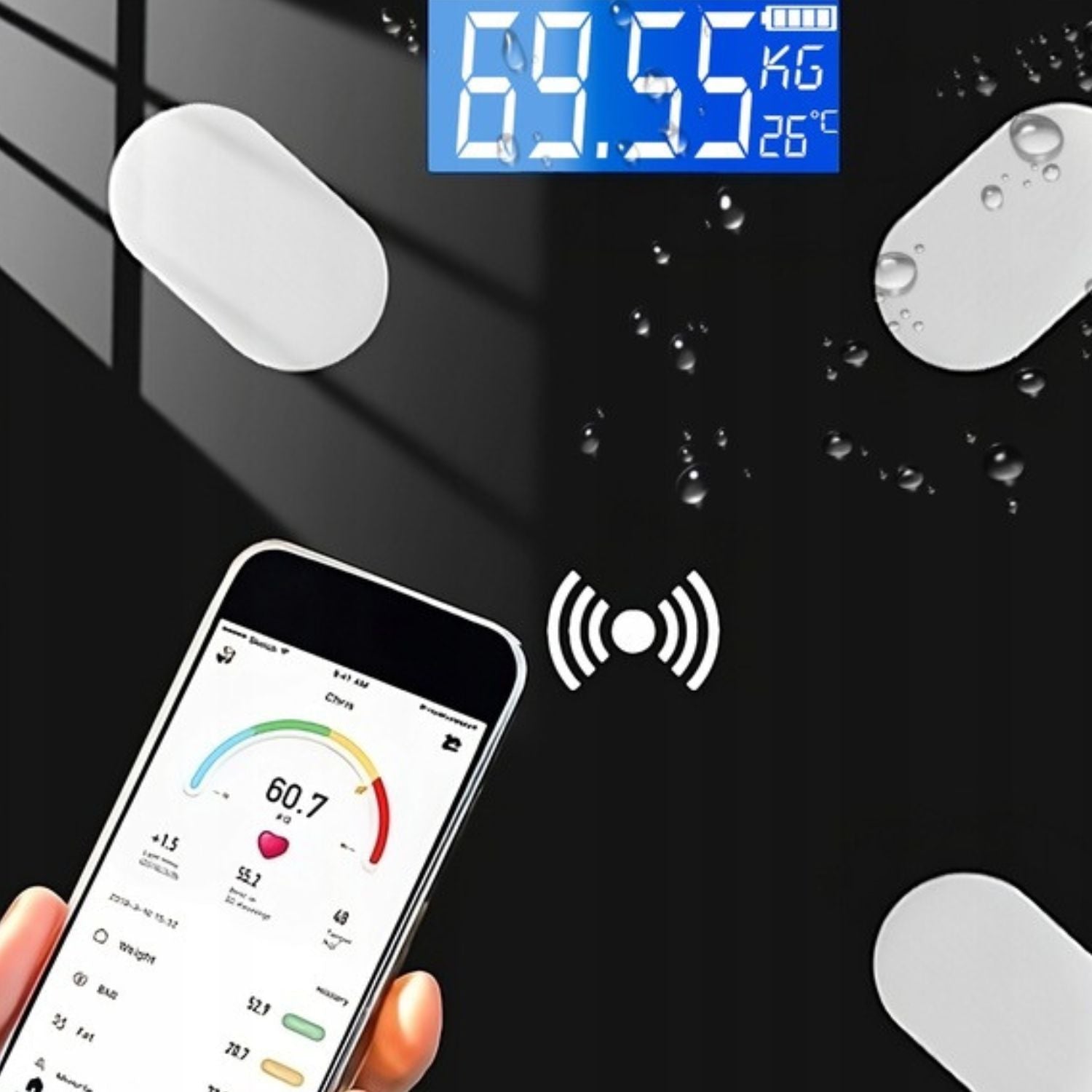 WAGA ŁAZIENKOWA Analityczna Elektroniczna BLUETOOTH APLIKACJA 180kg 32w1 - LAITICA