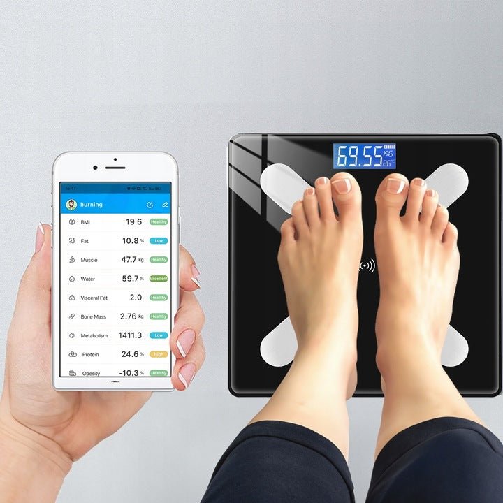 WAGA ŁAZIENKOWA Analityczna Elektroniczna BLUETOOTH APLIKACJA 180kg 32w1 - LAITICA