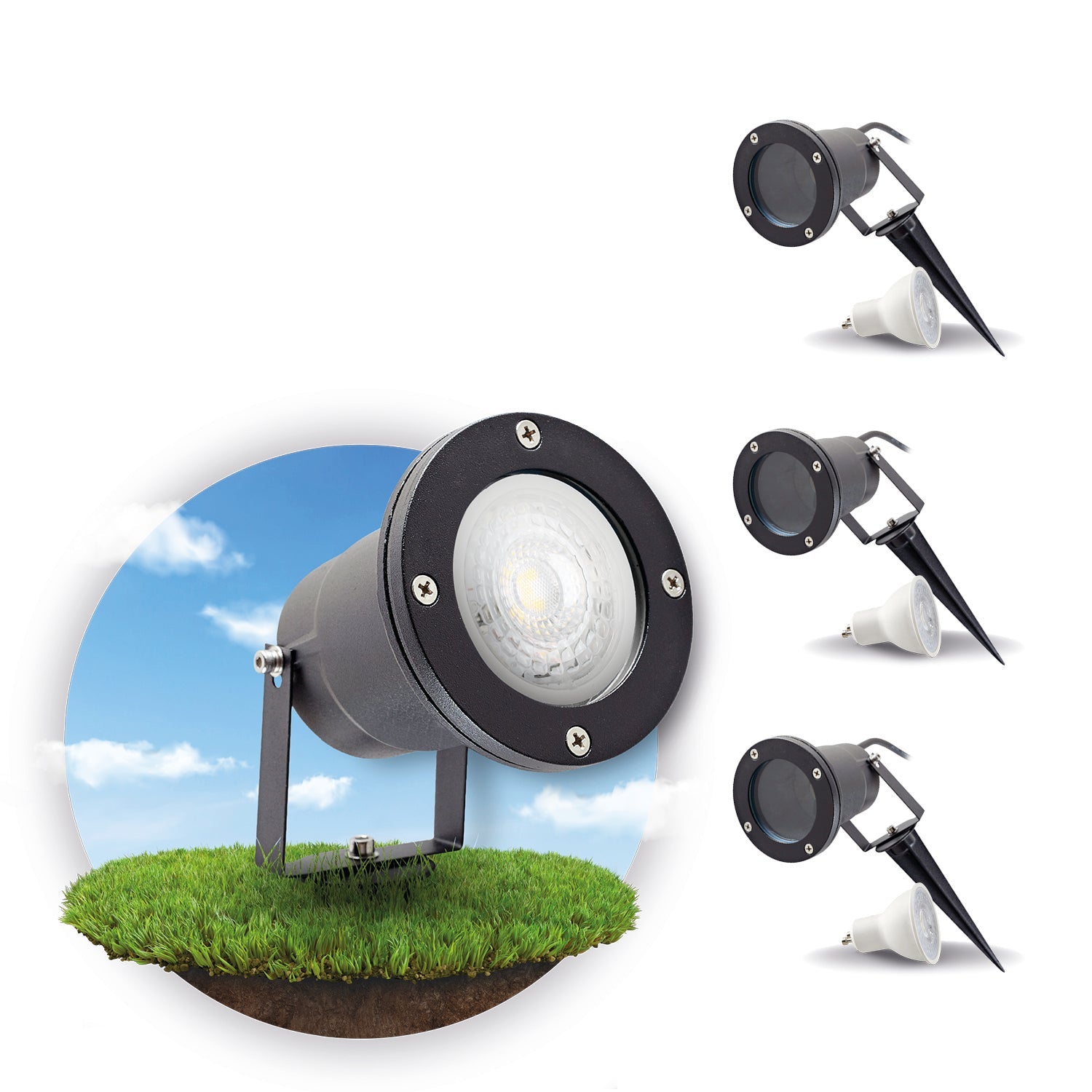 ZESTAW 3x Lampa ogrodowa PORTO + 3x żarówka GU10 3W premium CIEPŁOBIAŁA - LAITICA