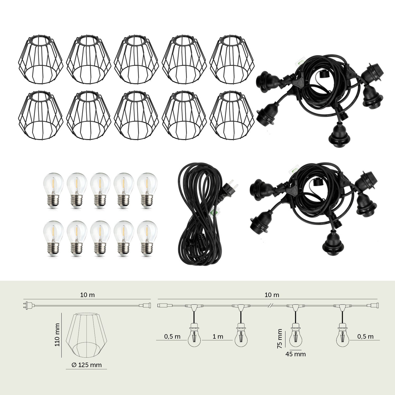 ZESTAW CRETE Girlanda ogrodowa 10m + kabel 10m + 10x klosz czarny D1 +LED - LAITICA