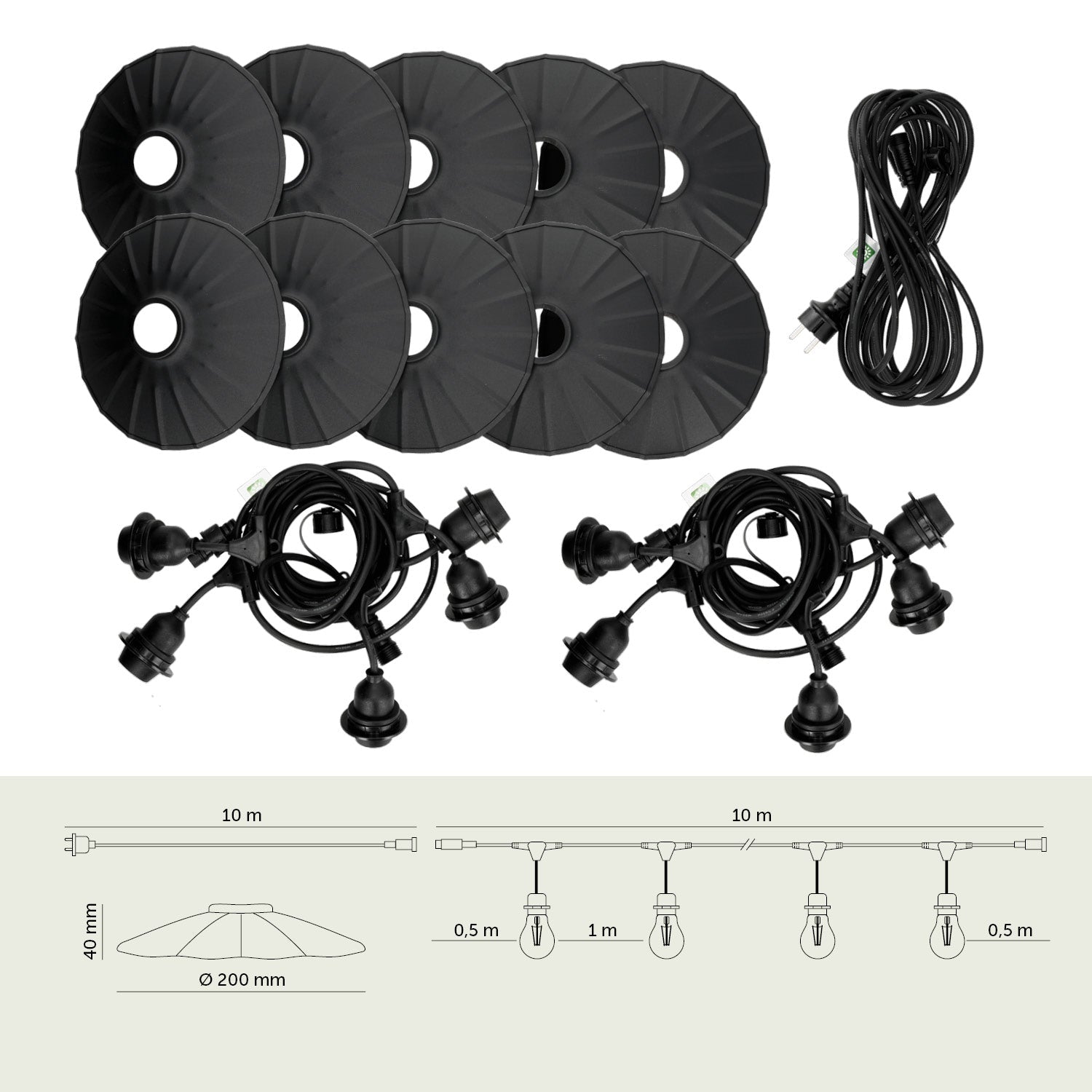 ZESTAW CRETE Girlanda ogrodowa 10m + kabel 10m + 10x klosz czarny M1 - LAITICA
