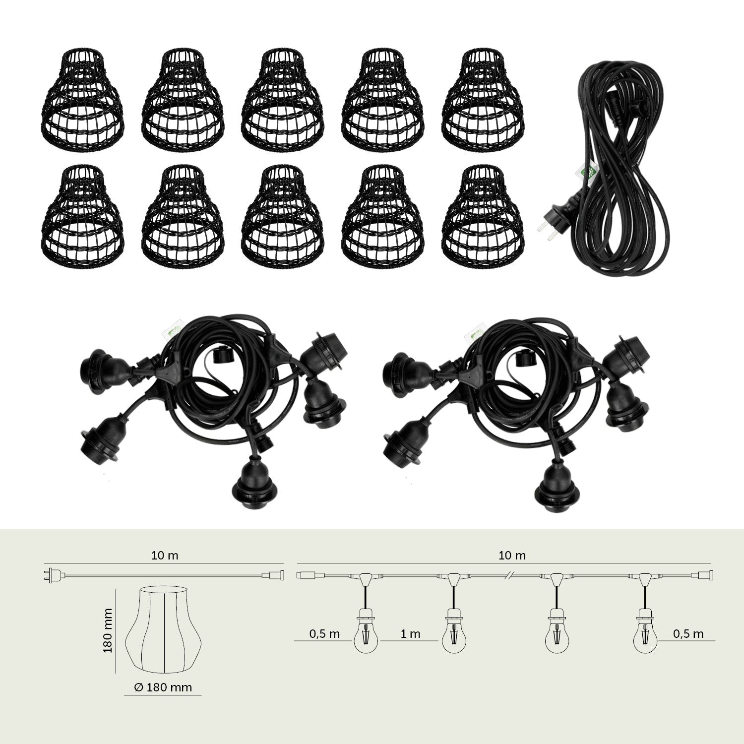 ZESTAW CRETE Girlanda ogrodowa 10m + kabel 10m + 10x klosz czarny R2 - LAITICA