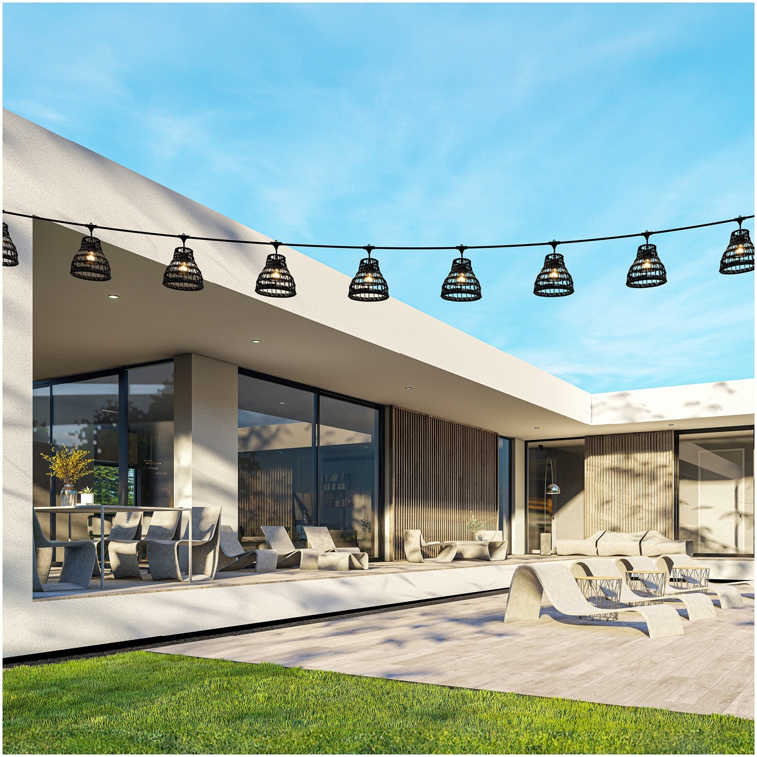 ZESTAW CRETE Girlanda ogrodowa 10m + kabel 10m + 10x klosz czarny R2 +LED - LAITICA