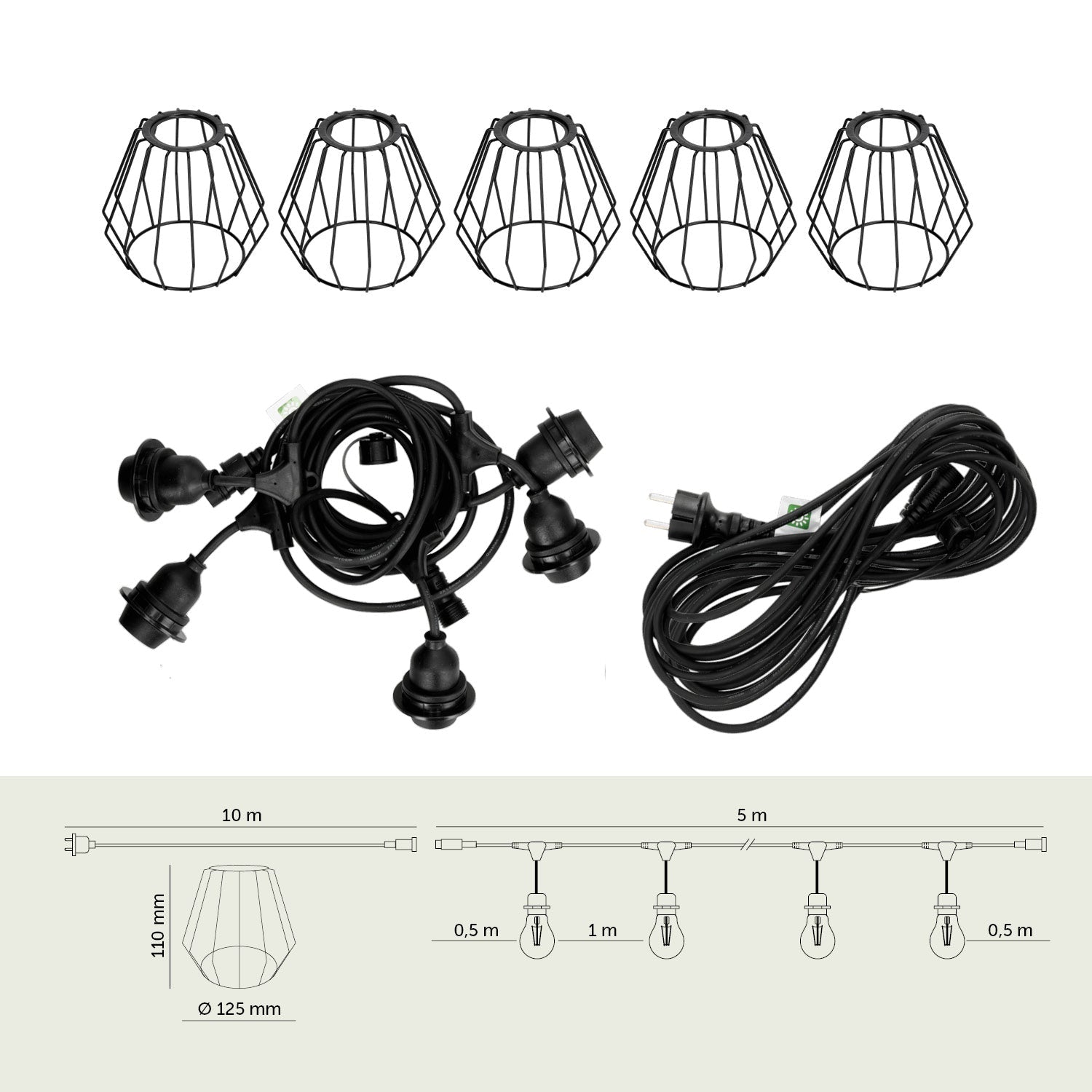 ZESTAW CRETE Girlanda ogrodowa 5m + kabel 10m + 5x klosz czarny D1 - LAITICA
