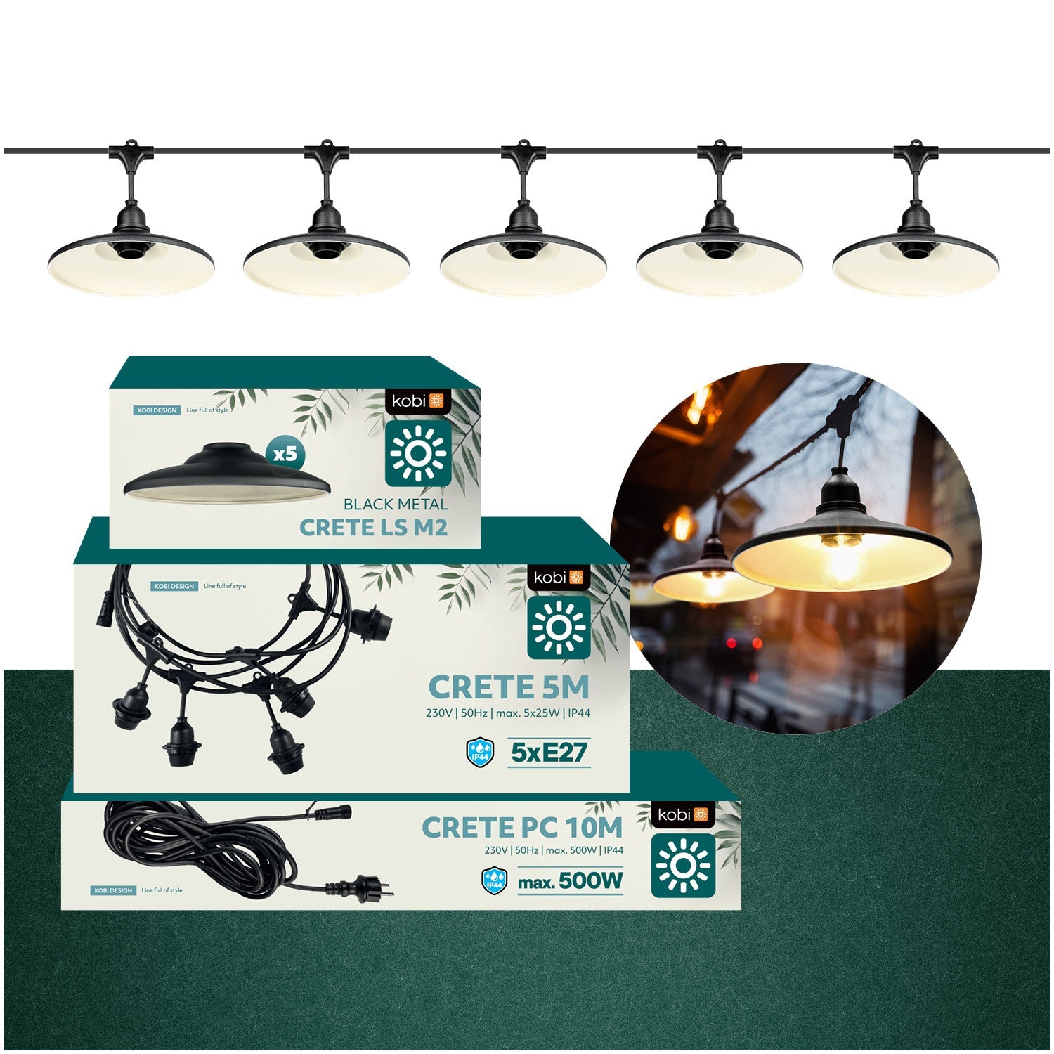 ZESTAW CRETE Girlanda ogrodowa 5m + kabel 10m + 5x klosz czarny M2 - LAITICA