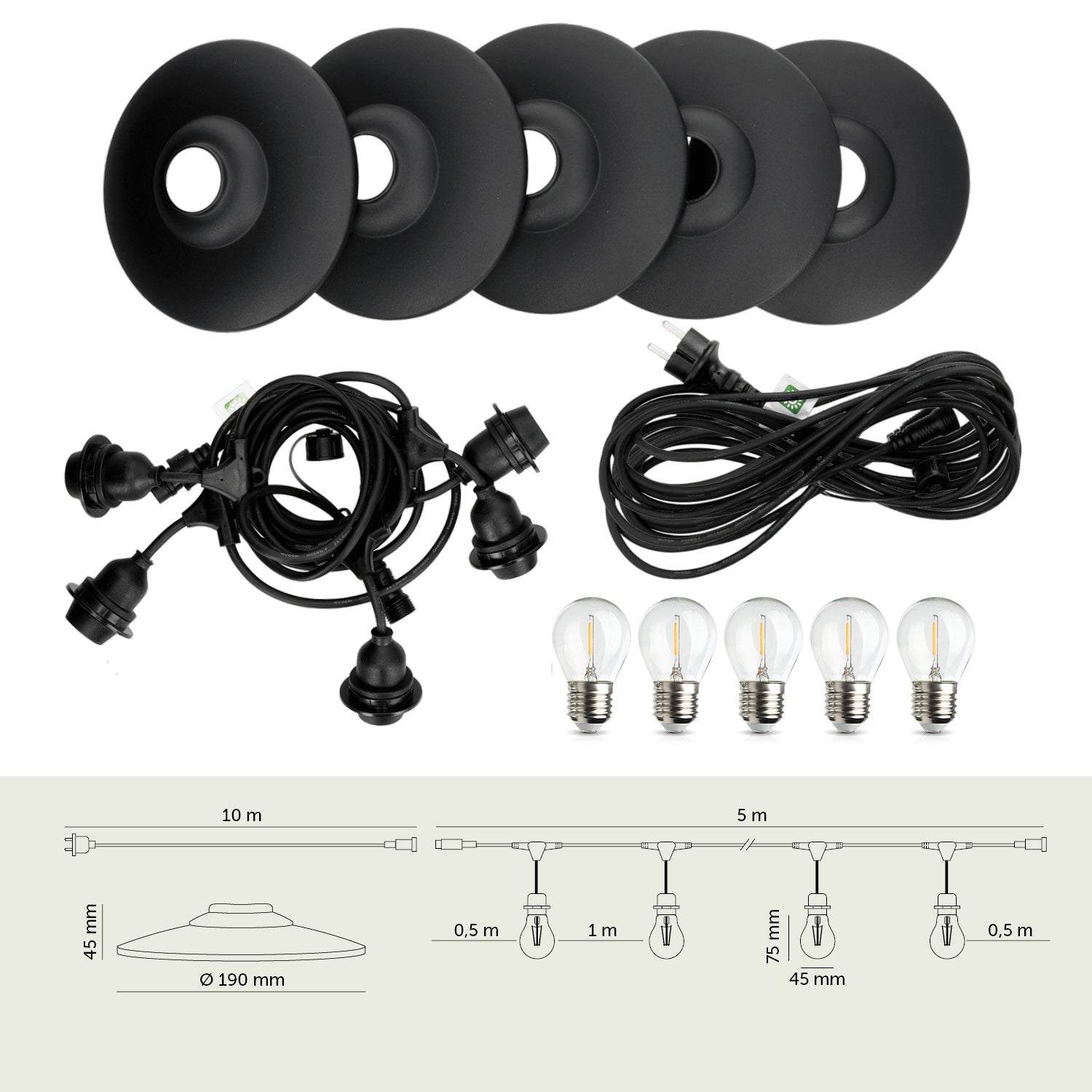 ZESTAW CRETE Girlanda ogrodowa 5m + kabel 10m + 5x klosz czarny M2 + żarówki - LAITICA