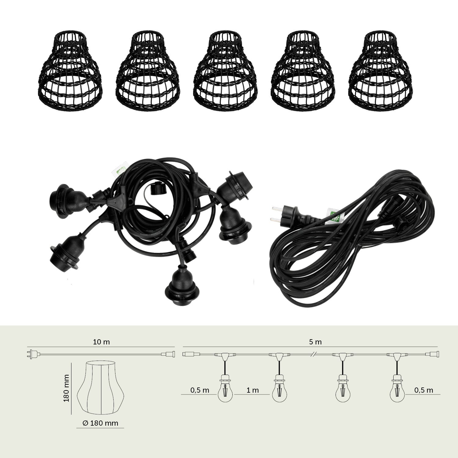 ZESTAW CRETE Girlanda ogrodowa 5m + kabel 10m + 5x klosz czarny R2 - LAITICA