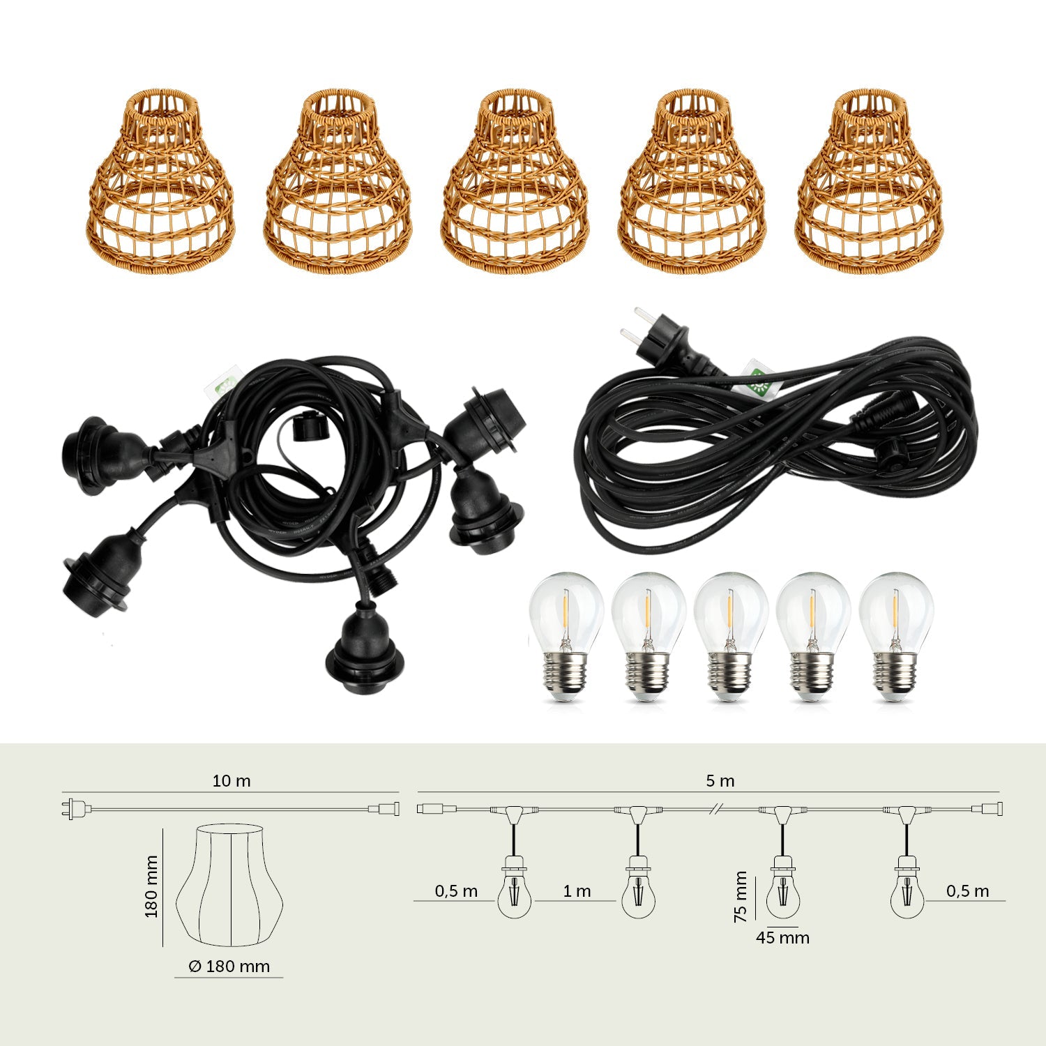ZESTAW CRETE Girlanda ogrodowa 5m + kabel 10m + 5x klosz R1 + żarówki - LAITICA