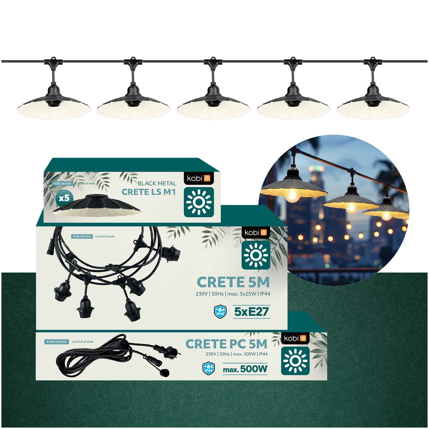 ZESTAW CRETE Girlanda ogrodowa 5m + kabel 5m + 5x klosz czarny M1 - LAITICA