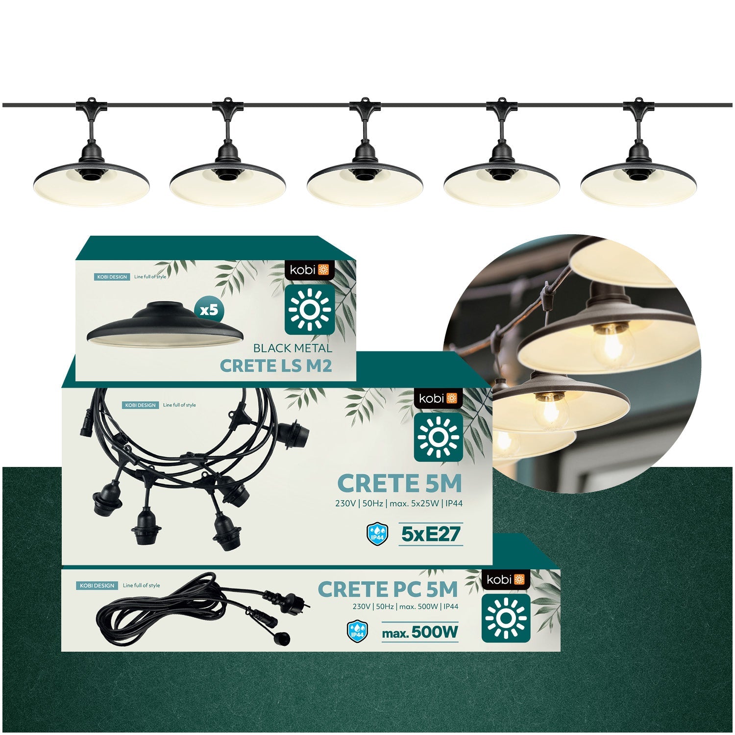 ZESTAW CRETE Girlanda ogrodowa 5m + kabel 5m + 5x klosz czarny M2 - LAITICA