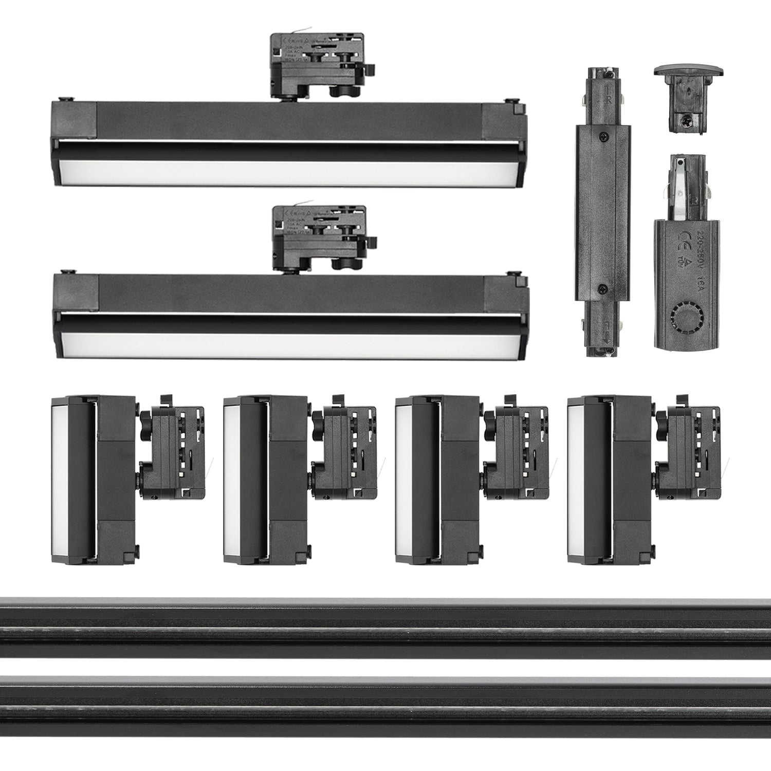 Zestaw Szynowy 3 fazowy 2x szyna 2m + łącznik prosty + 2x lamp FLEX 36W + 4x lamp 12W zasilanie + zaślepka CZARNY - LAITICA