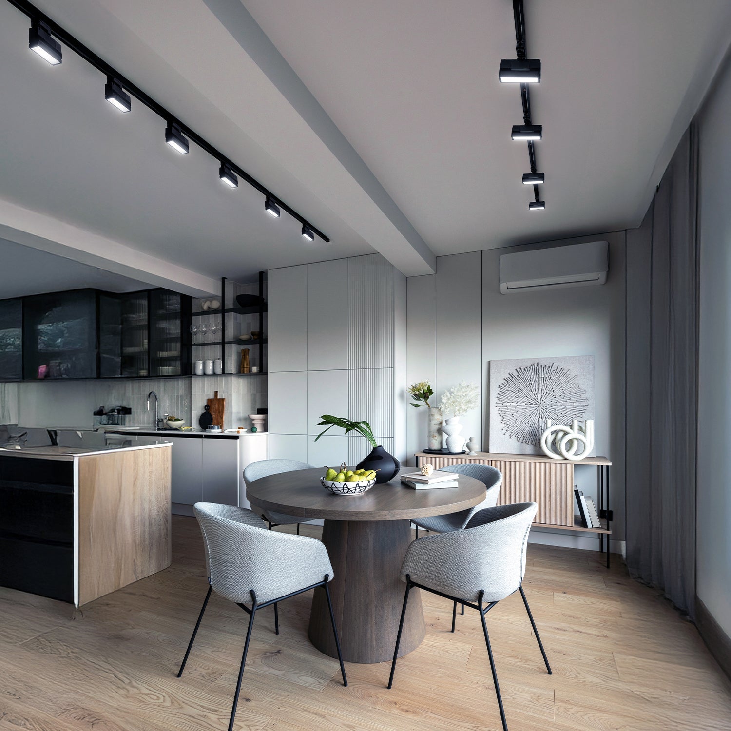 Zestaw Szynowy 3 fazowy 2x szyna 2m + łącznik prosty + 4x lamp FLEX 36W + zasilanie + zaślepka CZARNY - LAITICA