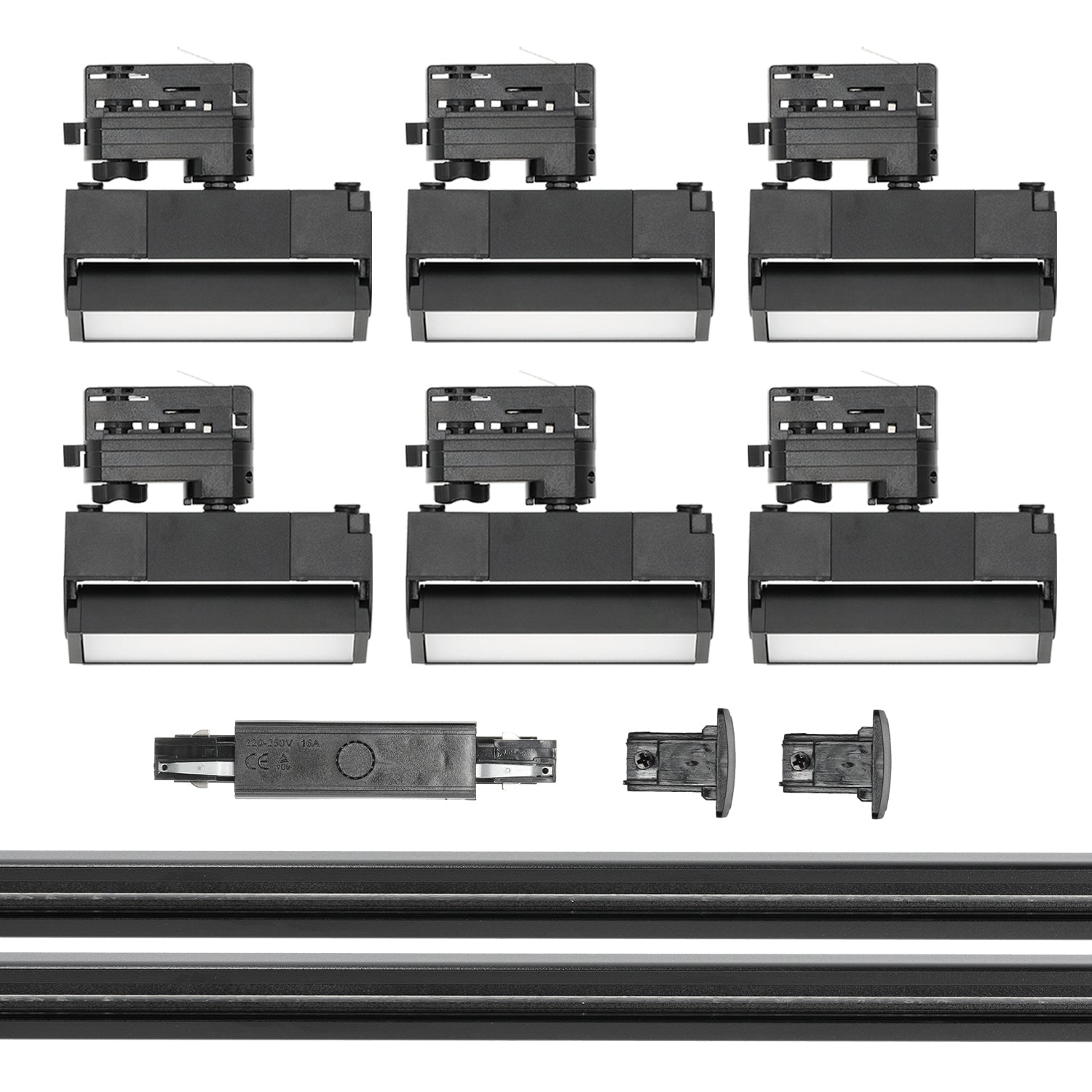 Zestaw Szynowy 3 fazowy 2x szyna 2m + łącznik prosty + 6x lamp FLEX 12W + zasilanie + zaślepka CZARNY - LAITICA